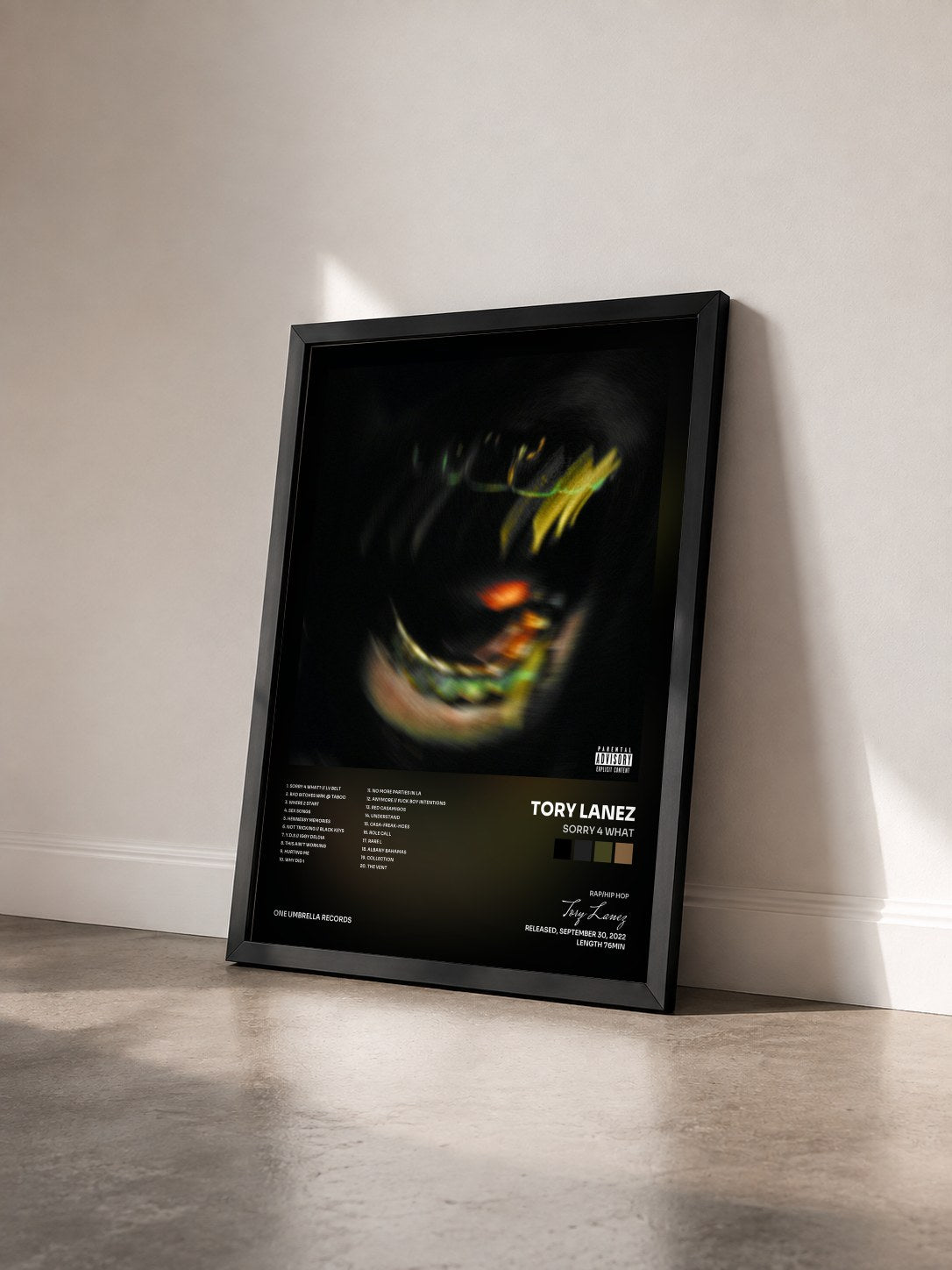 #noir Sorry 4 What by Tory Lanez as a framed art print seen at an angle, black frame