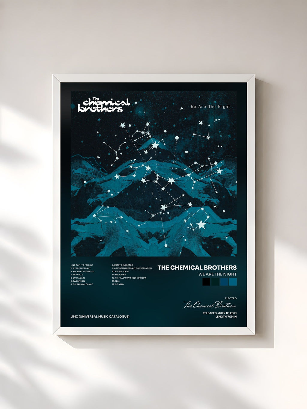 #blanc Tableau de l'album We Are The Night de The Chemical Brothers, cadre blanc, imprimé et encadré en France