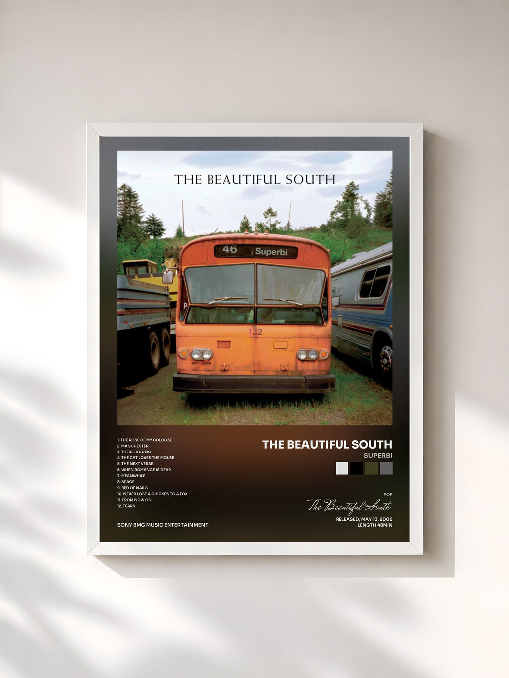 #blanc Tableau de l'album Superbi de The Beautiful South, cadre blanc, imprimé et encadré en France