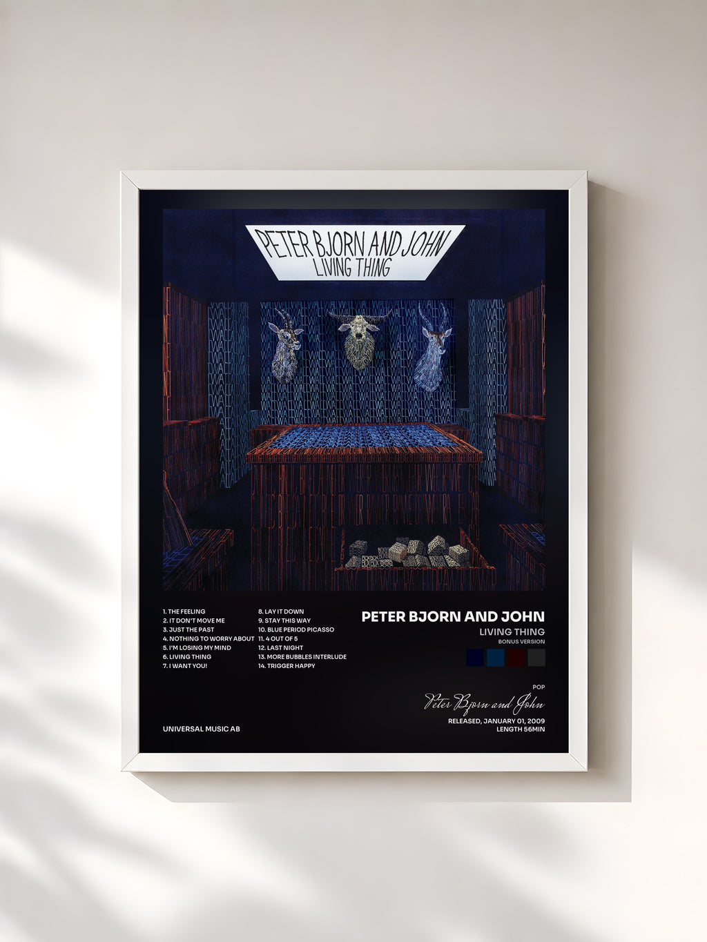 #blanc Living Thing (Bonus Version) by Peter Bjorn and John as a framed art print, white frame, printed and framed in France