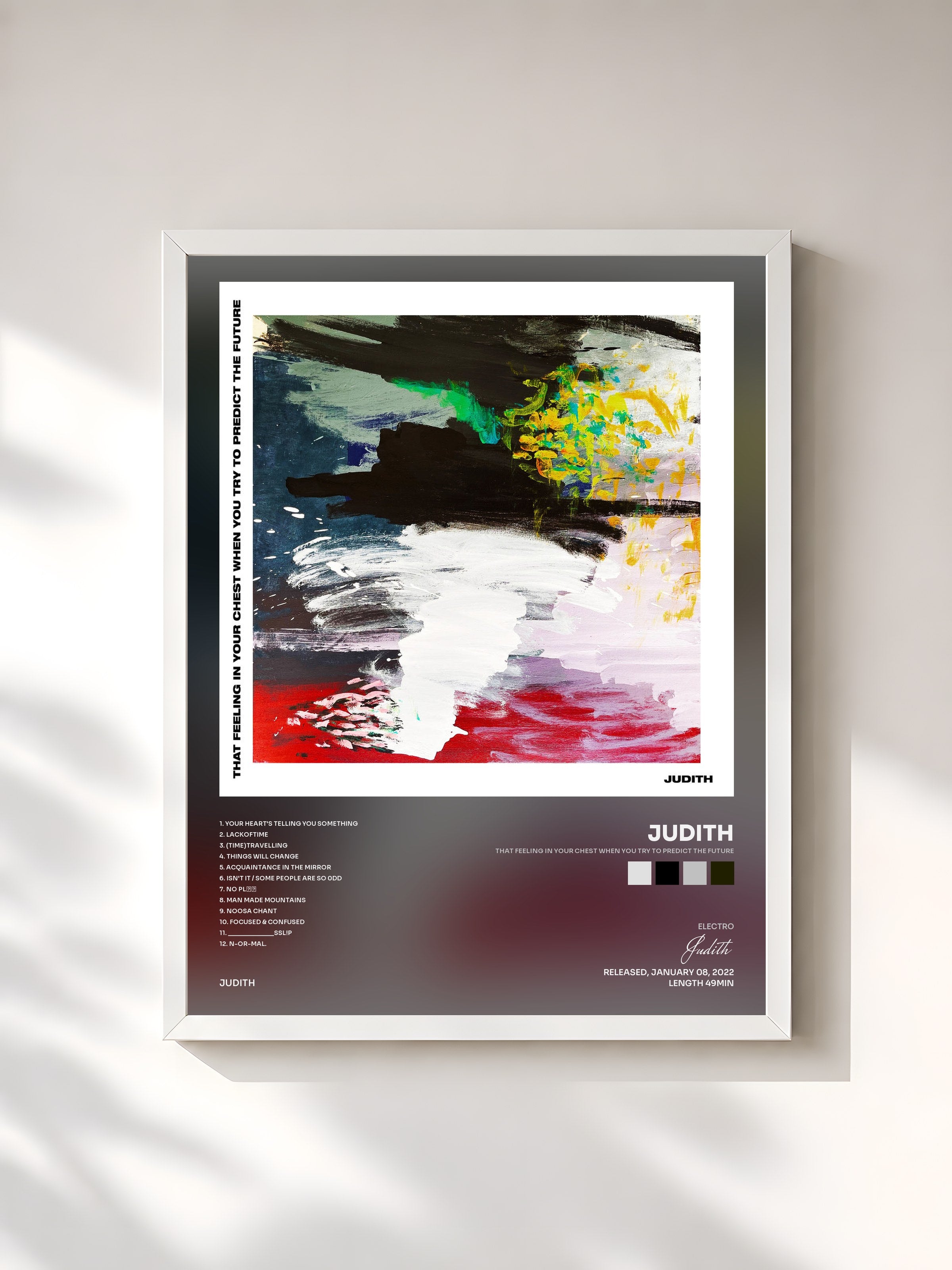 #blanc Tableau de l'album That Feeling In Your Chest When You Try To Predict The Future de Judith, cadre blanc, imprimé et encadré en France