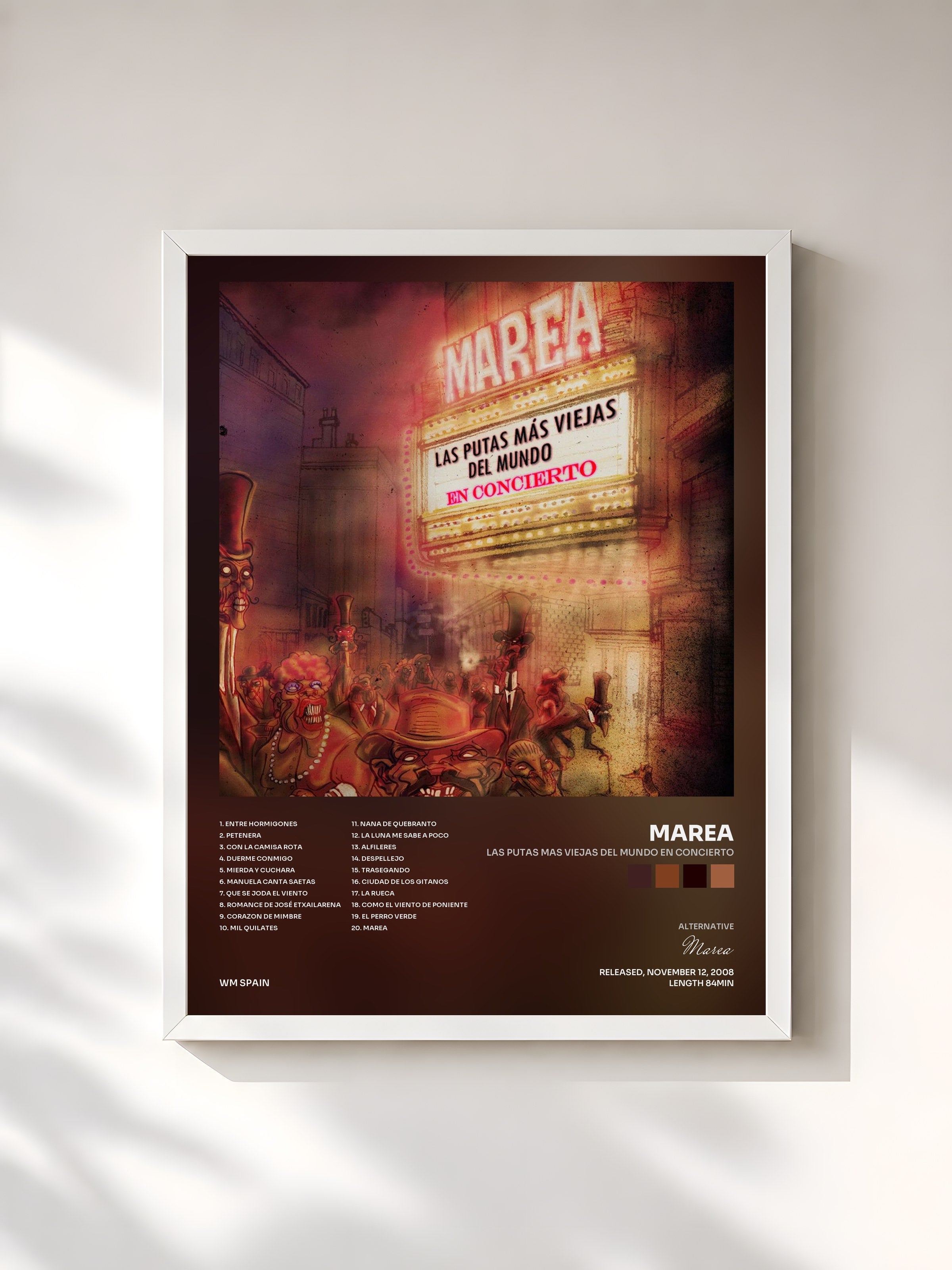 #blanc Tableau de l'album Las putas mas viejas del mundo en concierto de Marea, cadre blanc, imprimé et encadré en France