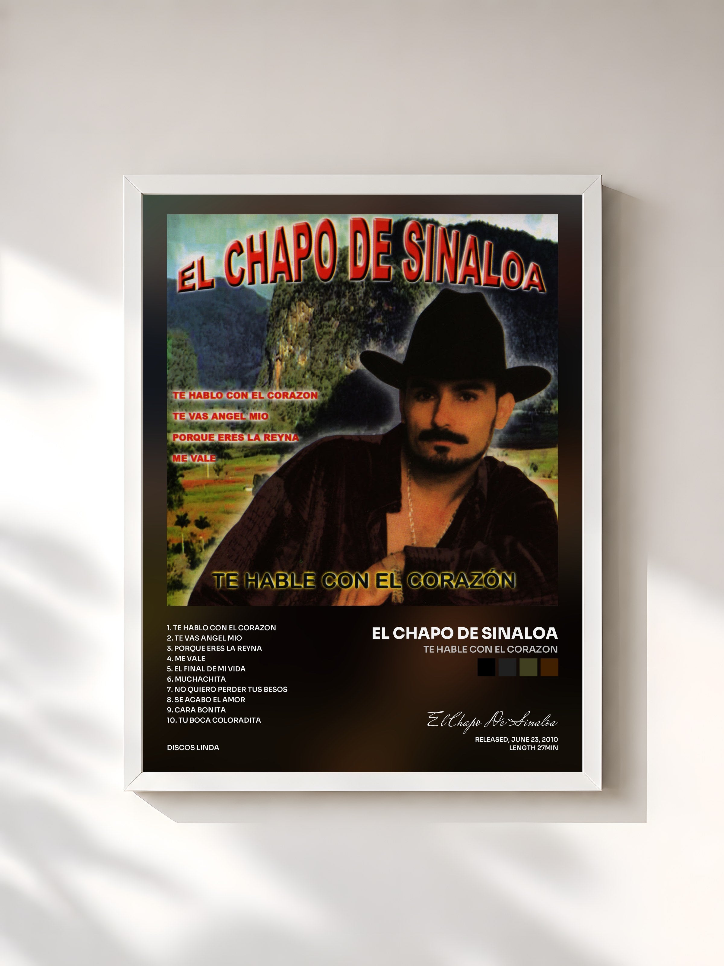 #blanc Tableau de l'album Te Hable con El Corazon de El Chapo De Sinaloa, cadre blanc, imprimé et encadré en France
