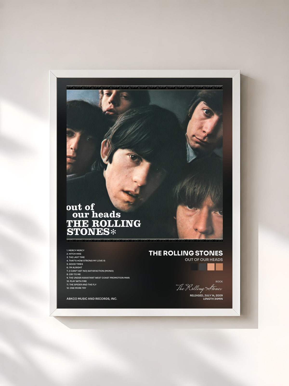 #blanc Tableau de l'album Out Of Our Heads de The Rolling Stones, cadre blanc, imprimé et encadré en France