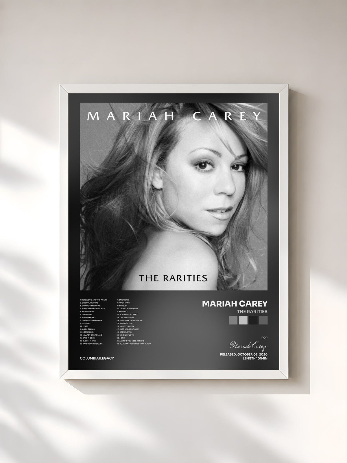#blanc Tableau de l'album The Rarities de Mariah Carey, cadre blanc, imprimé et encadré en France