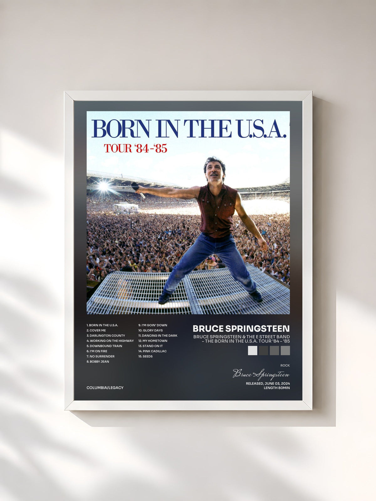 #blanc Tableau de l'album Bruce Springsteen & The E Street Band - The Born in the U.S.A. Tour '84 - '85 de Bruce Springsteen, cadre blanc, imprimé et encadré en France