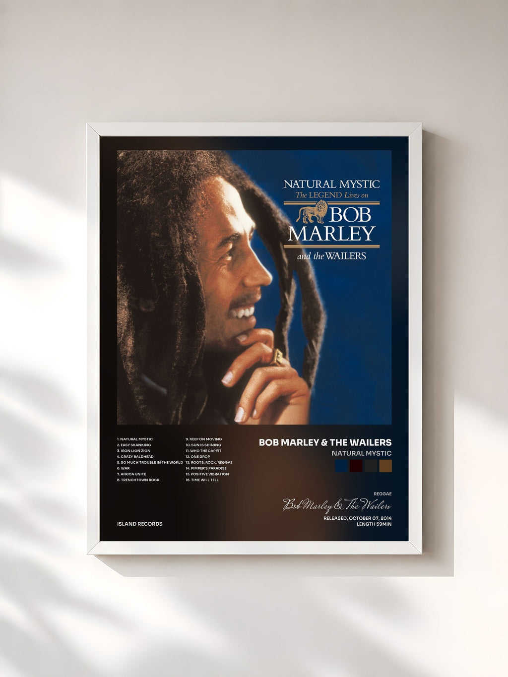 #blanc Tableau de l'album Natural Mystic de Bob Marley & The Wailers, cadre blanc, imprimé et encadré en France