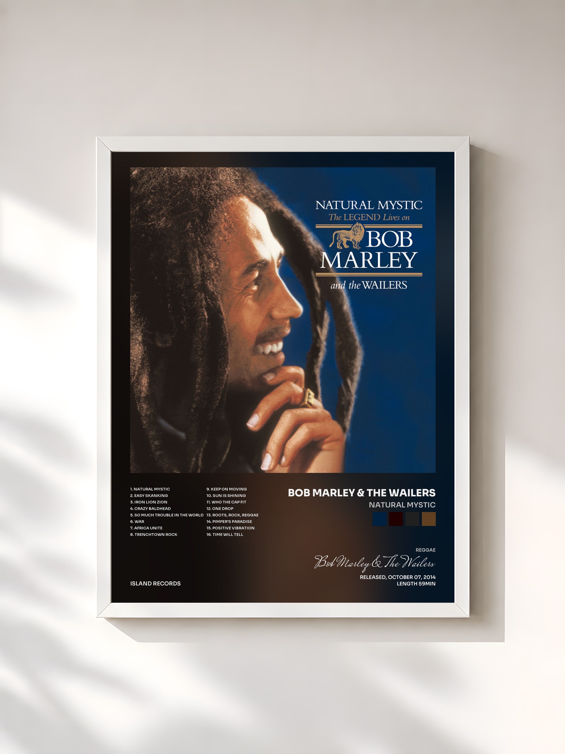 #blanc Tableau de l'album Natural Mystic de Bob Marley & The Wailers, cadre blanc, imprimé et encadré en France