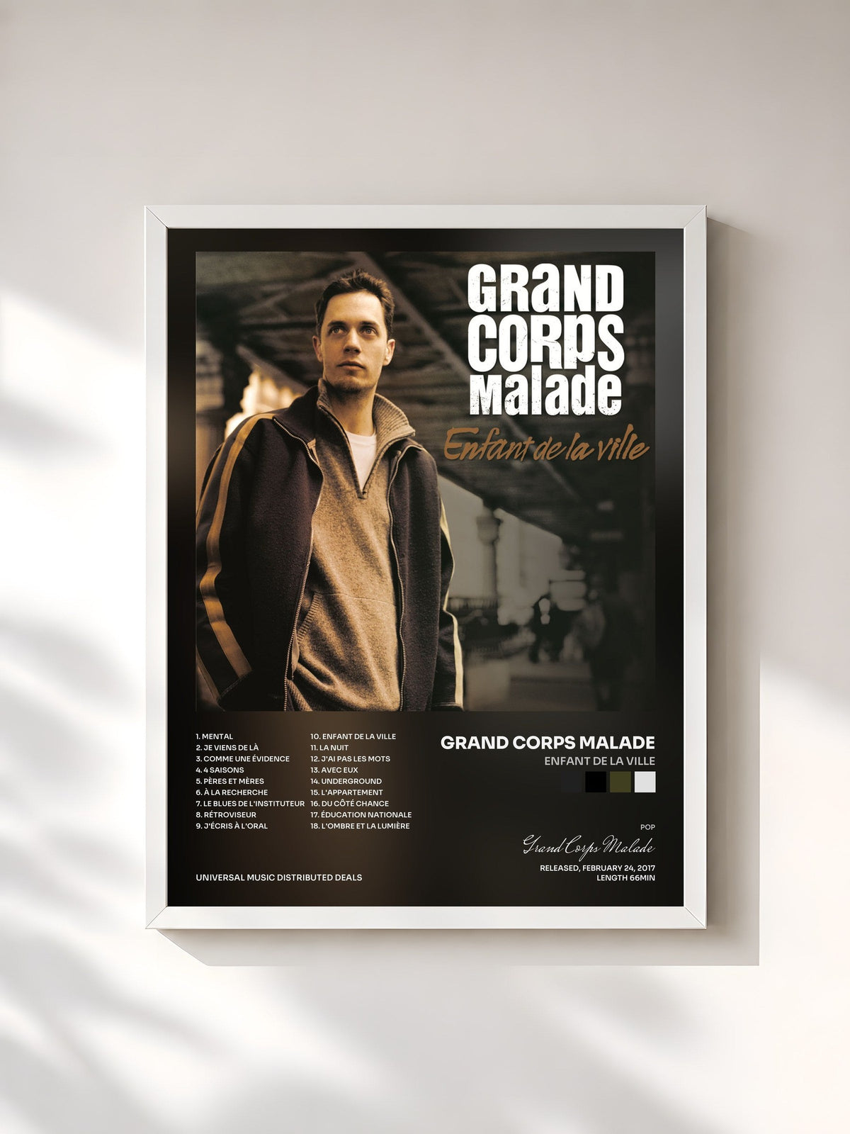 #blanc Tableau de l'album Enfant de la ville de Grand Corps Malade, cadre blanc, imprimé et encadré en France