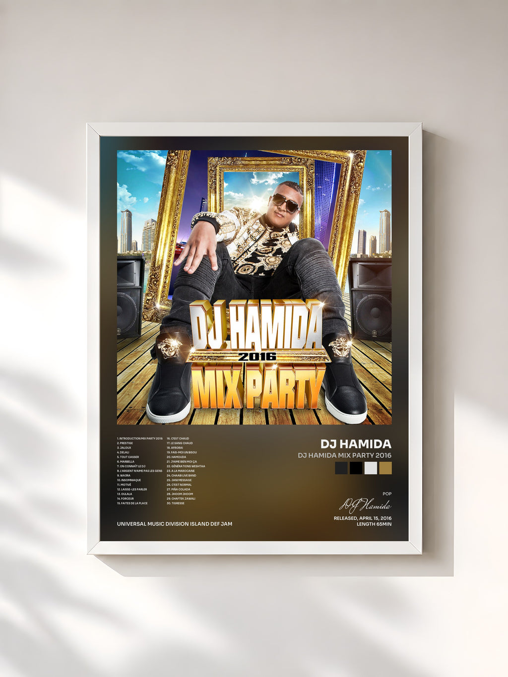 #blanc Tableau de l'album DJ Hamida Mix Party 2016 de DJ Hamida, cadre blanc, imprimé et encadré en France