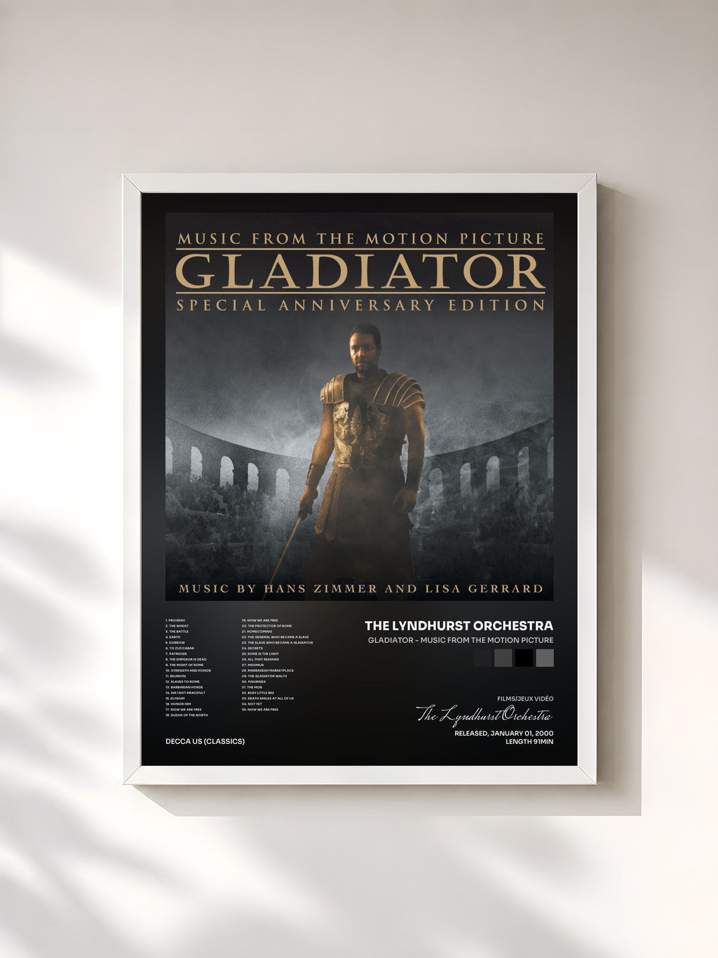 #blanc Tableau de l'album Gladiator - Music From The Motion Picture de The Lyndhurst Orchestra, cadre blanc, imprimé et encadré en France
