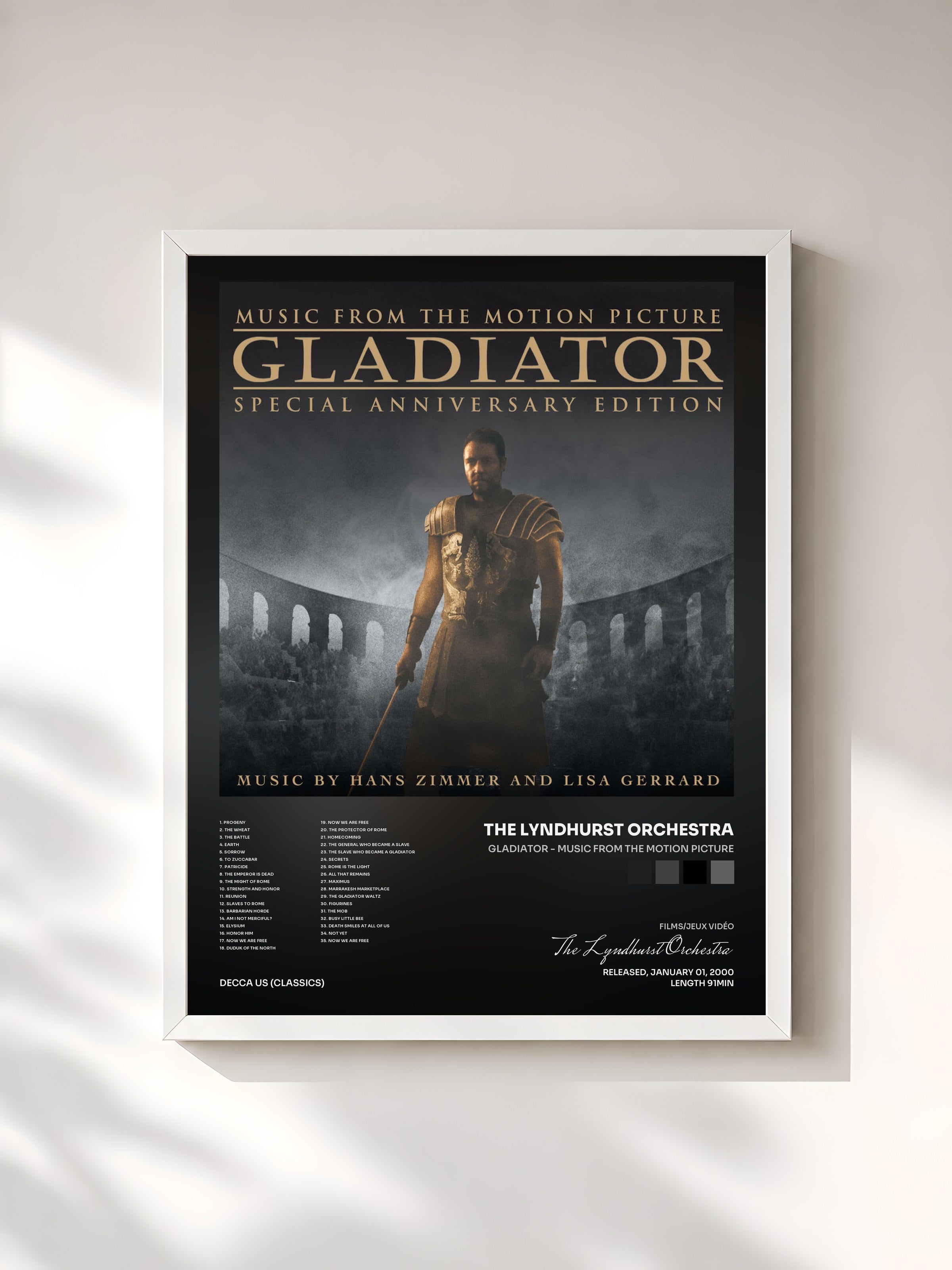 #blanc Tableau de l'album Gladiator - Music From The Motion Picture de The Lyndhurst Orchestra, cadre blanc, imprimé et encadré en France