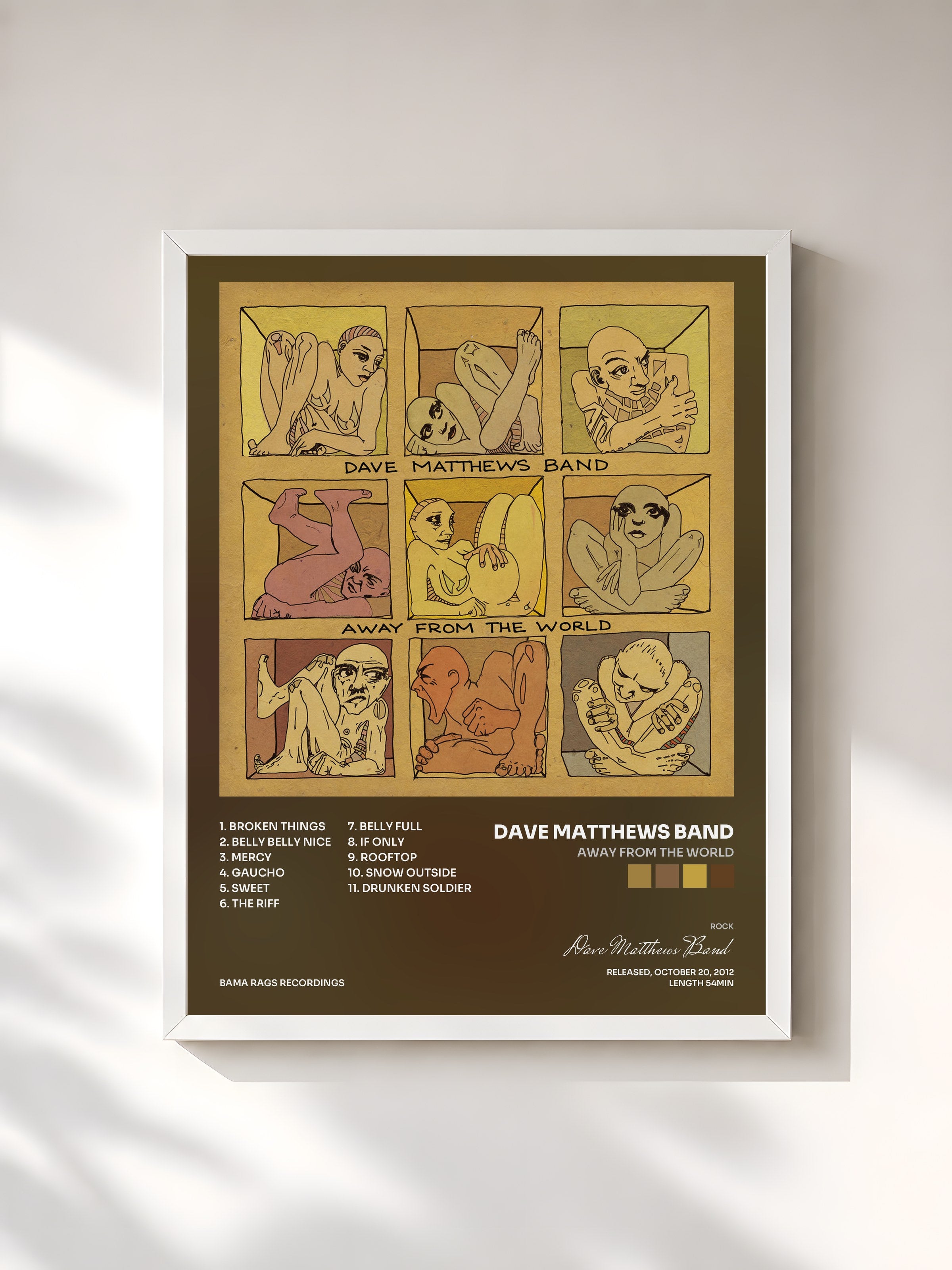 #blanc Tableau de l'album Away From The World de Dave Matthews Band, cadre blanc, imprimé et encadré en France