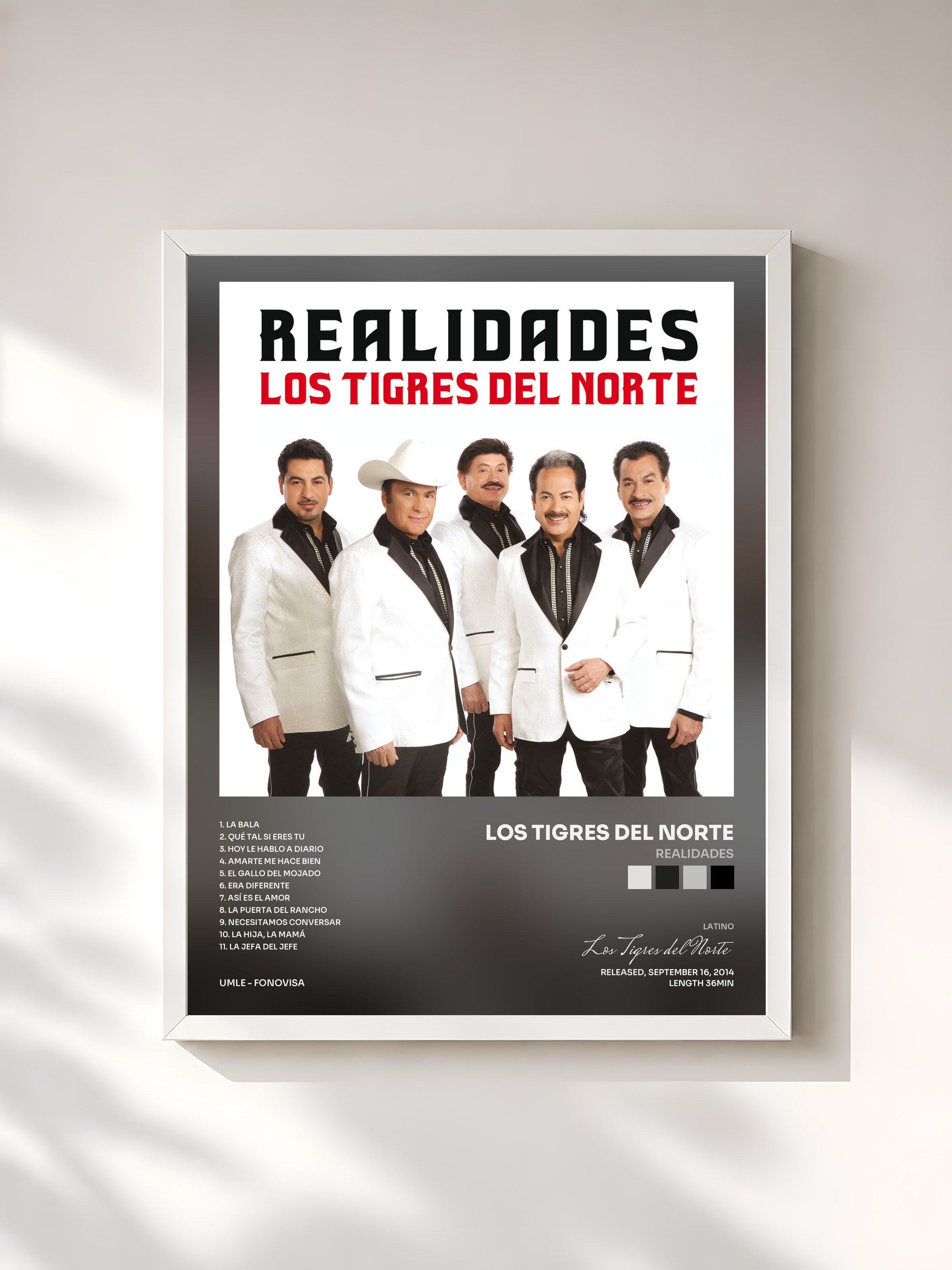 #blanc Tableau de l'album Realidades de Los Tigres del Norte, cadre blanc, imprimé et encadré en France