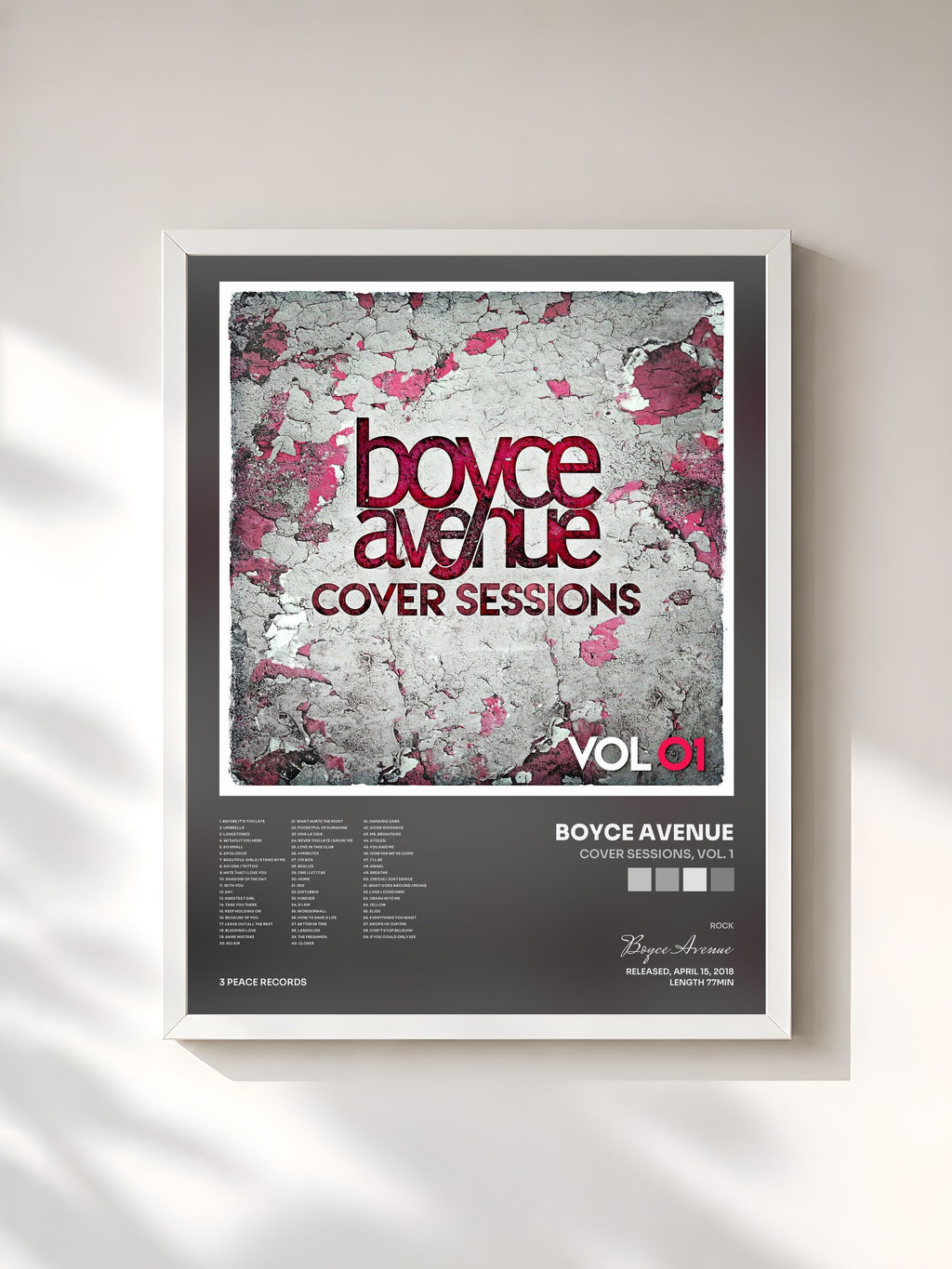 #blanc Tableau de l'album Cover Sessions, Vol. 1 de Boyce Avenue, cadre blanc, imprimé et encadré en France