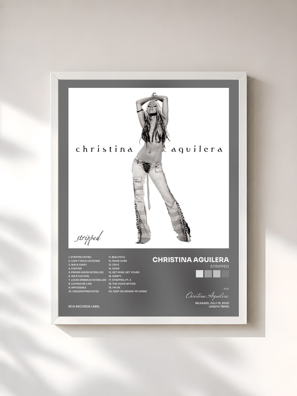 #blanc Tableau de l'album Stripped de Christina Aguilera, cadre blanc, imprimé et encadré en France