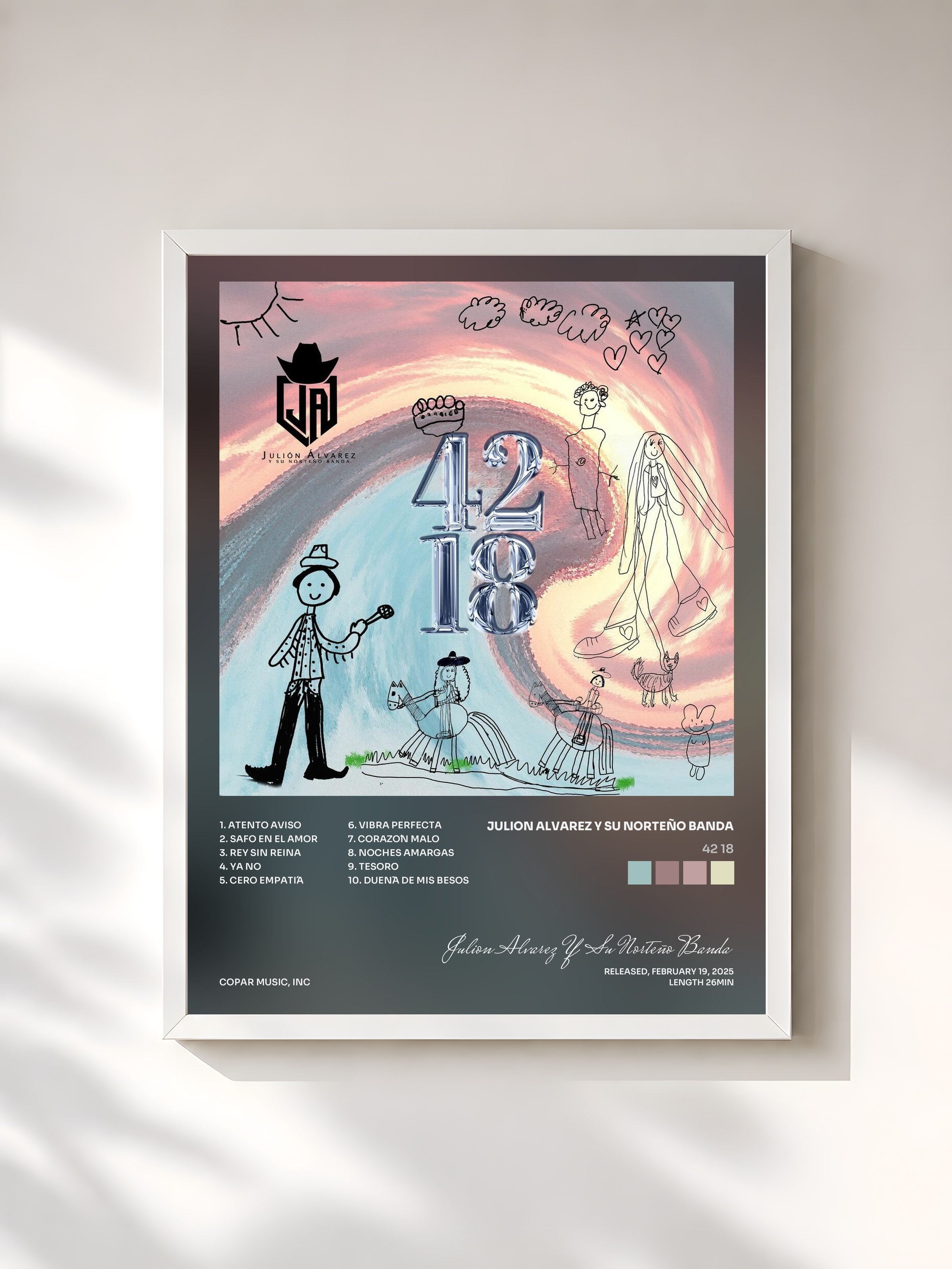 #blanc Tableau de l'album 42 18 de Julion Alvarez Y Su Norteño Banda, cadre blanc, imprimé et encadré en France