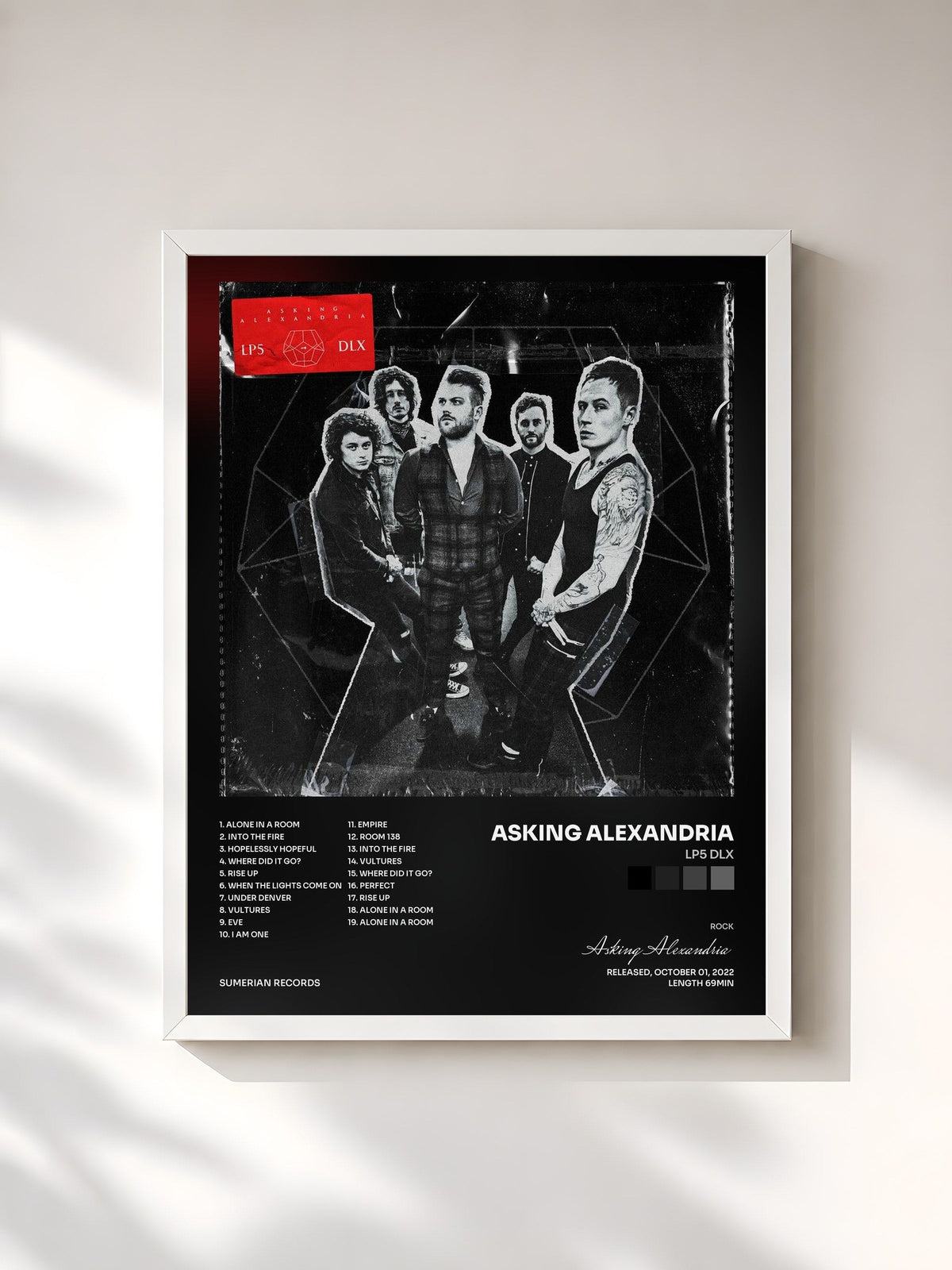 #blanc Tableau de l'album LP5 DLX de Asking Alexandria, cadre blanc, imprimé et encadré en France