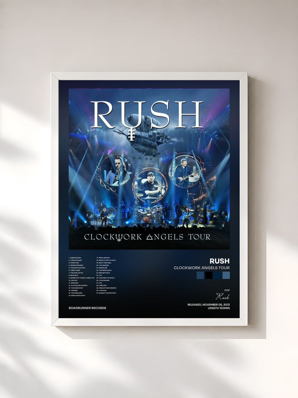 #blanc Tableau de l'album Clockwork Angels Tour de Rush, cadre blanc, imprimé et encadré en France