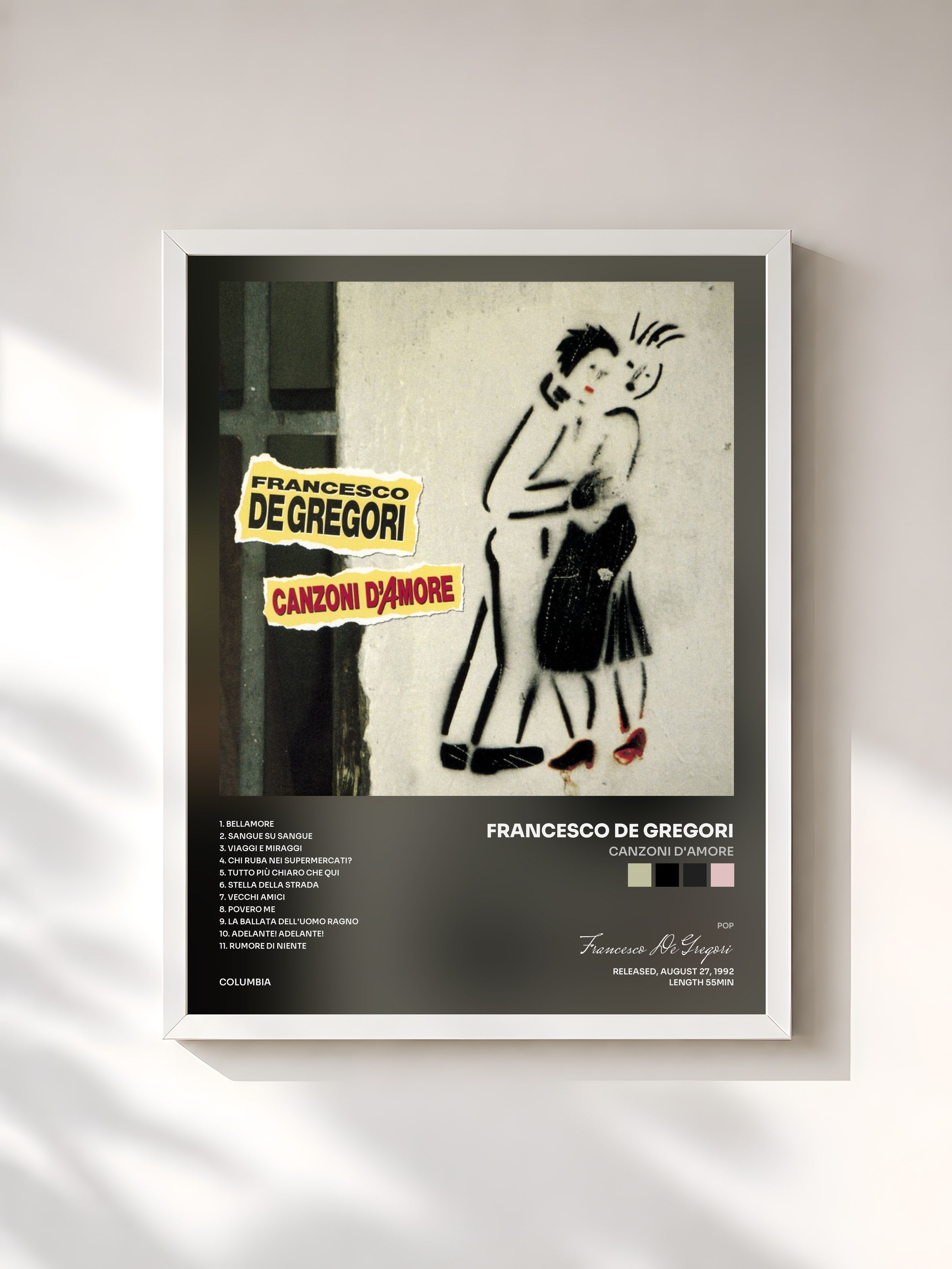 #blanc Tableau de l'album Canzoni D'Amore de Francesco De Gregori, cadre blanc, imprimé et encadré en France