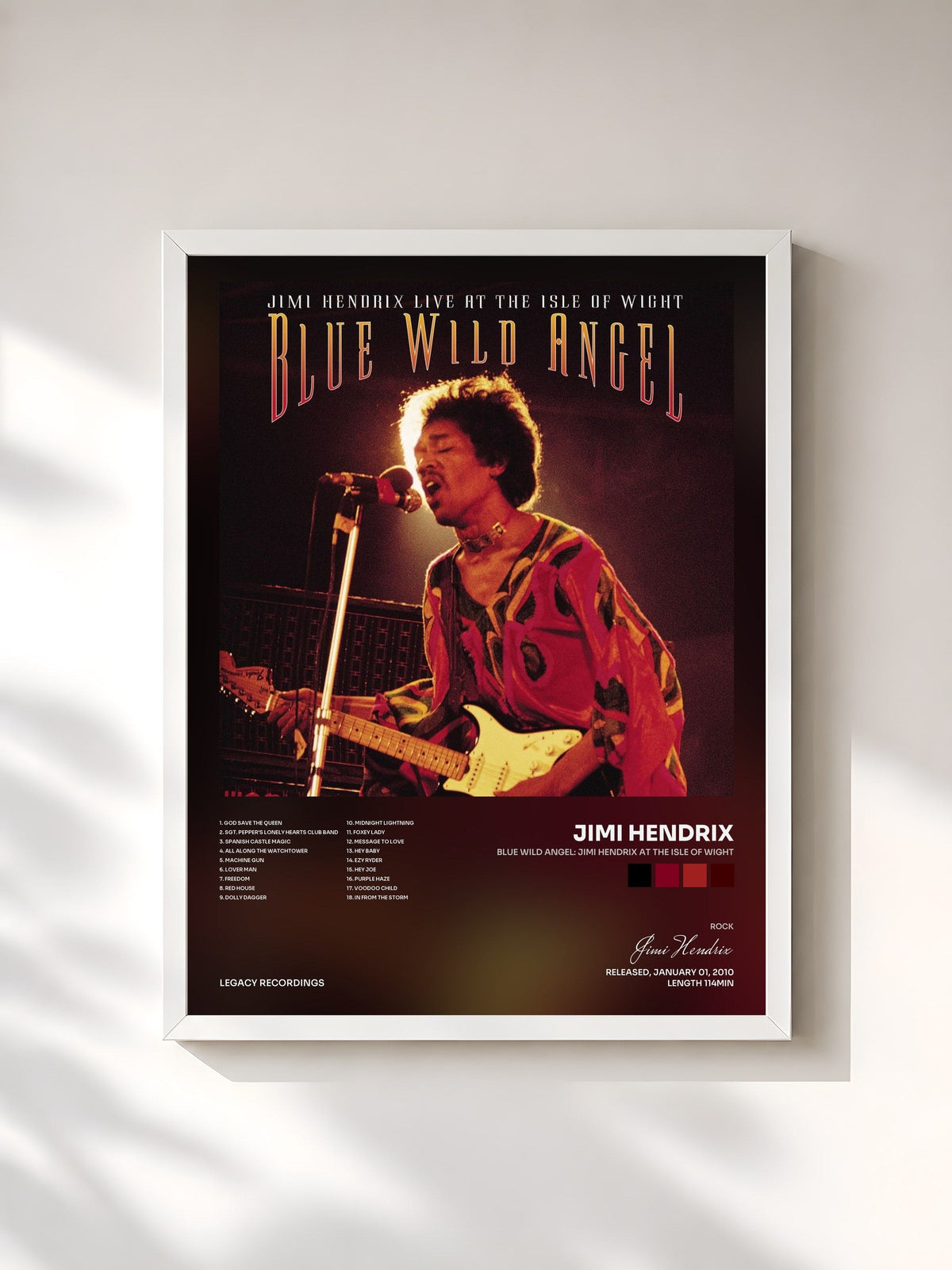 #blanc Tableau de l'album Blue Wild Angel: Jimi Hendrix At The Isle Of Wight de Jimi Hendrix, cadre blanc, imprimé et encadré en France