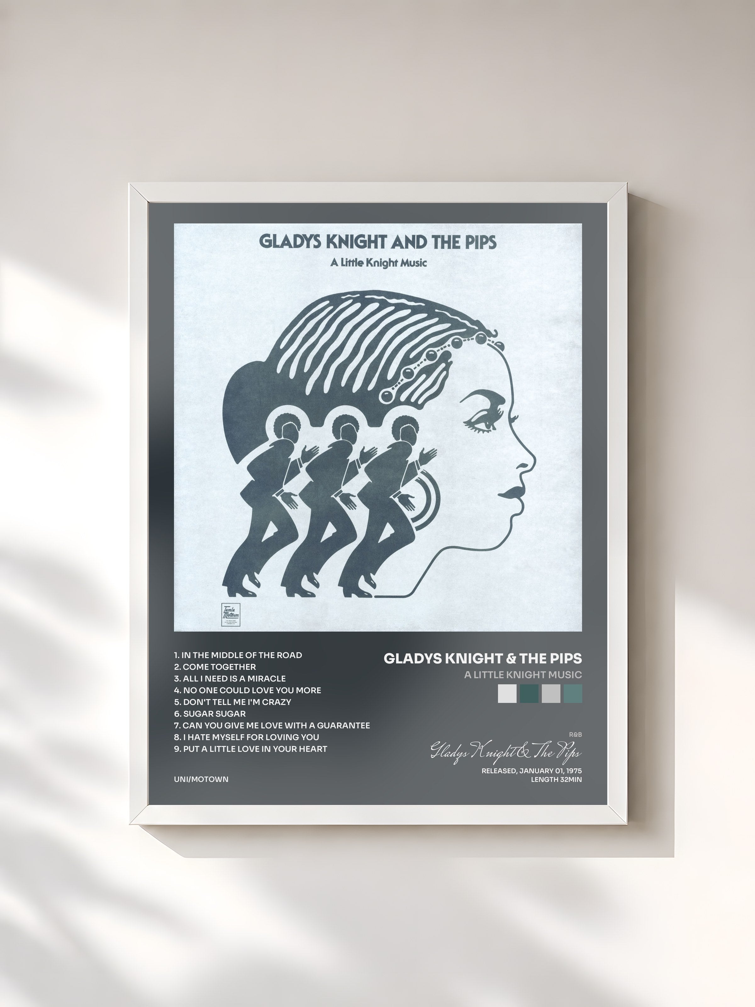 #blanc Tableau de l'album A Little Knight Music de Gladys Knight & The Pips, cadre blanc, imprimé et encadré en France