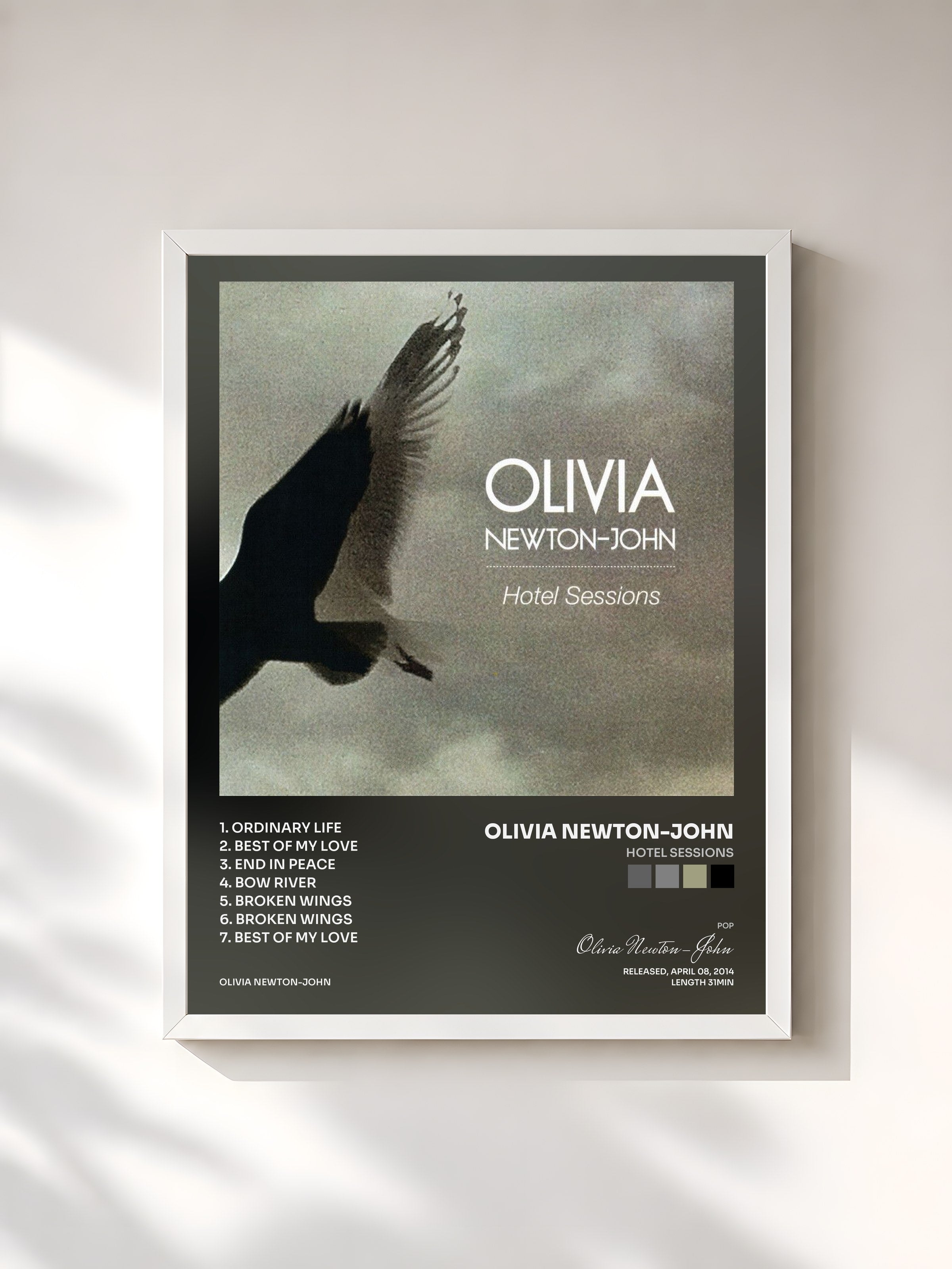 #blanc Tableau de l'album Hotel Sessions de Olivia Newton-John, cadre blanc, imprimé et encadré en France