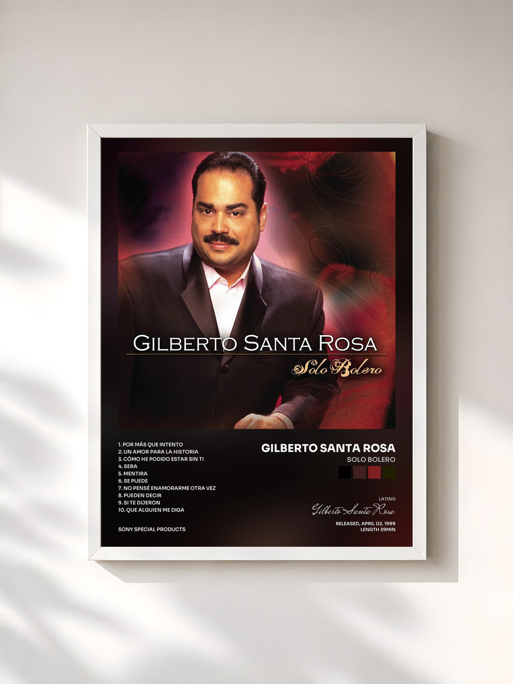#blanc Tableau de l'album Solo Bolero de Gilberto Santa Rosa, cadre blanc, imprimé et encadré en France