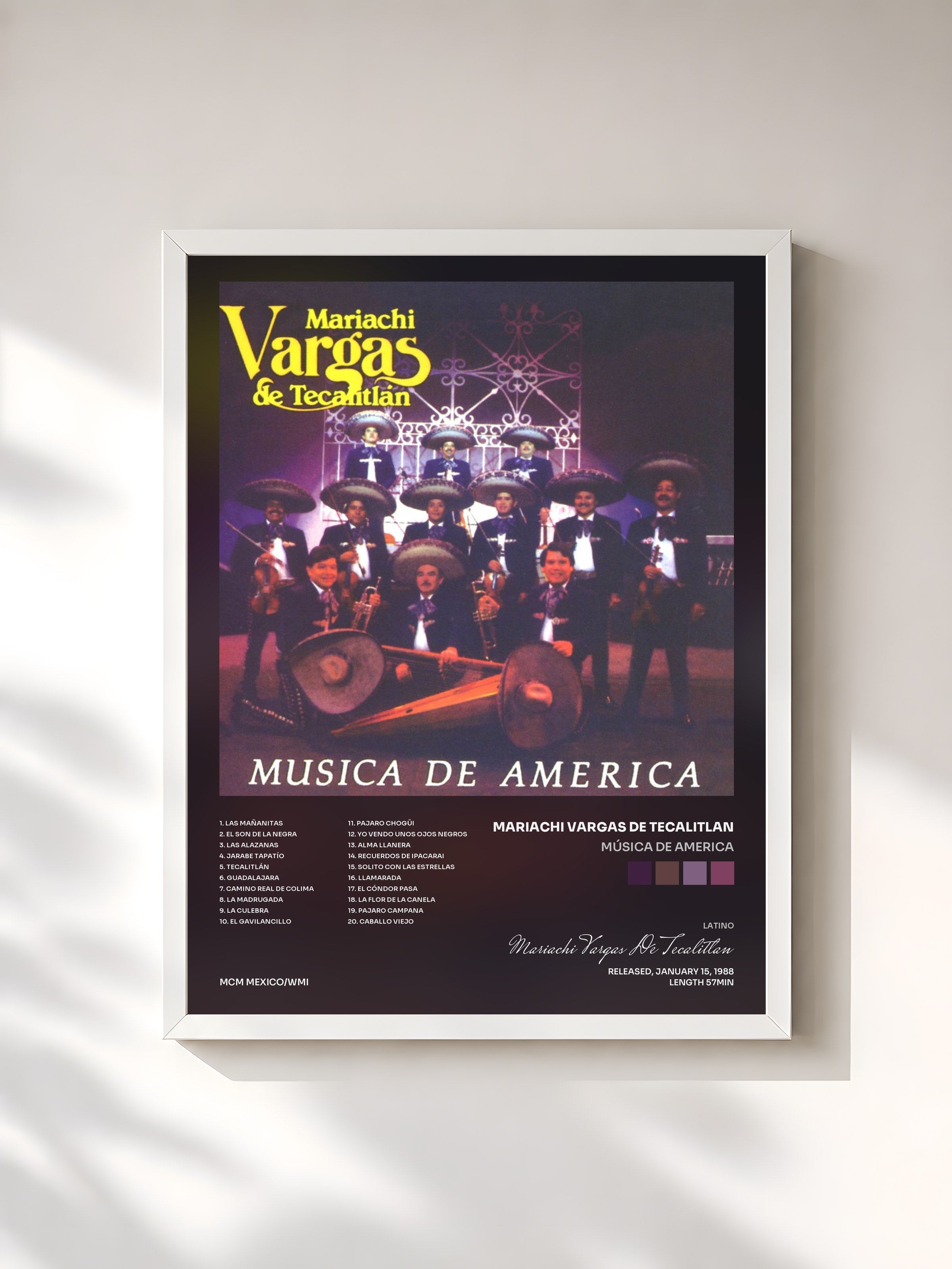 #blanc Tableau de l'album Música de America de Mariachi Vargas De Tecalitlan, cadre blanc, imprimé et encadré en France