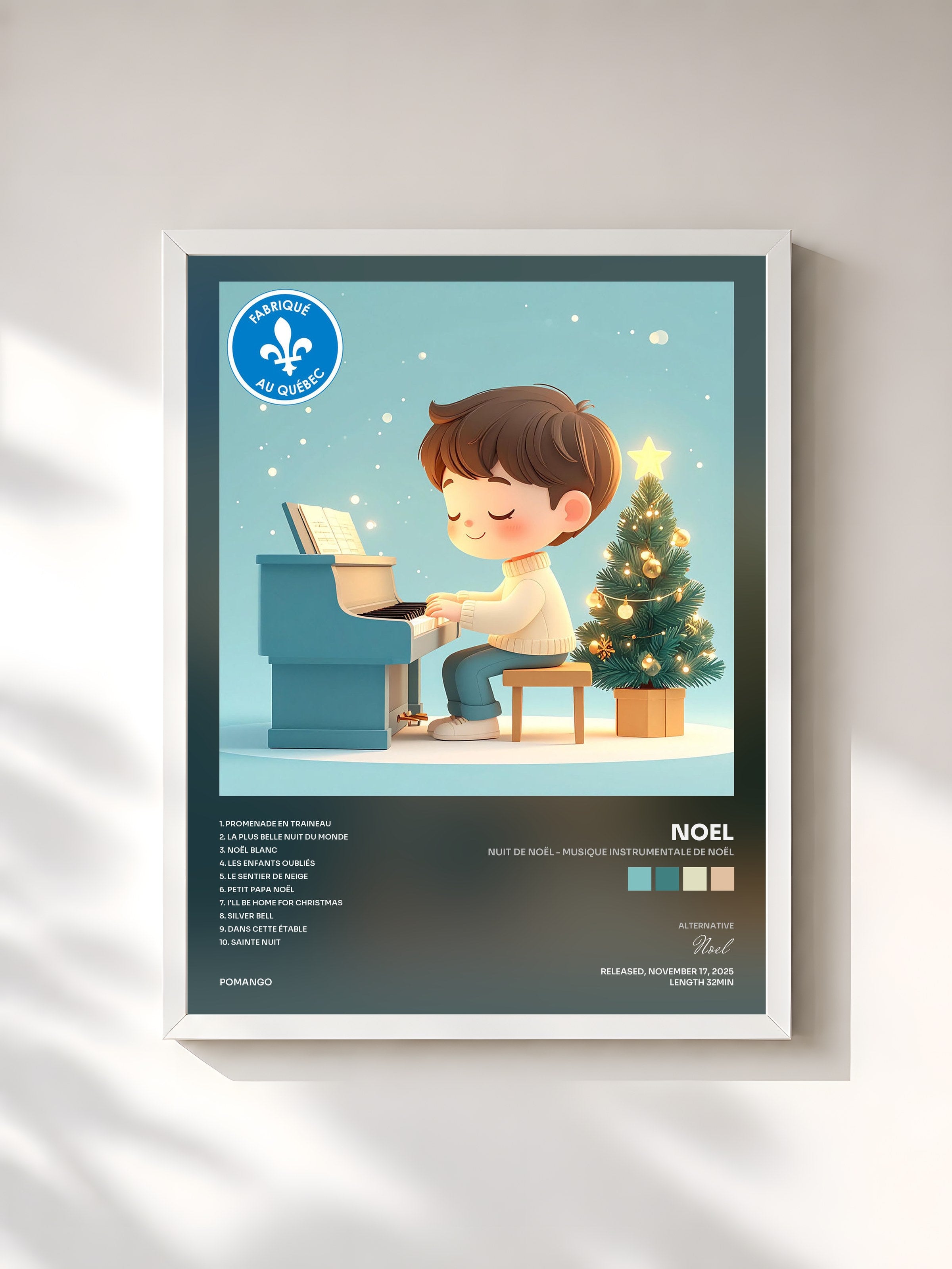 #blanc Tableau de l'album Nuit de Noël - Musique instrumentale de Noël de Noel, cadre blanc, imprimé et encadré en France