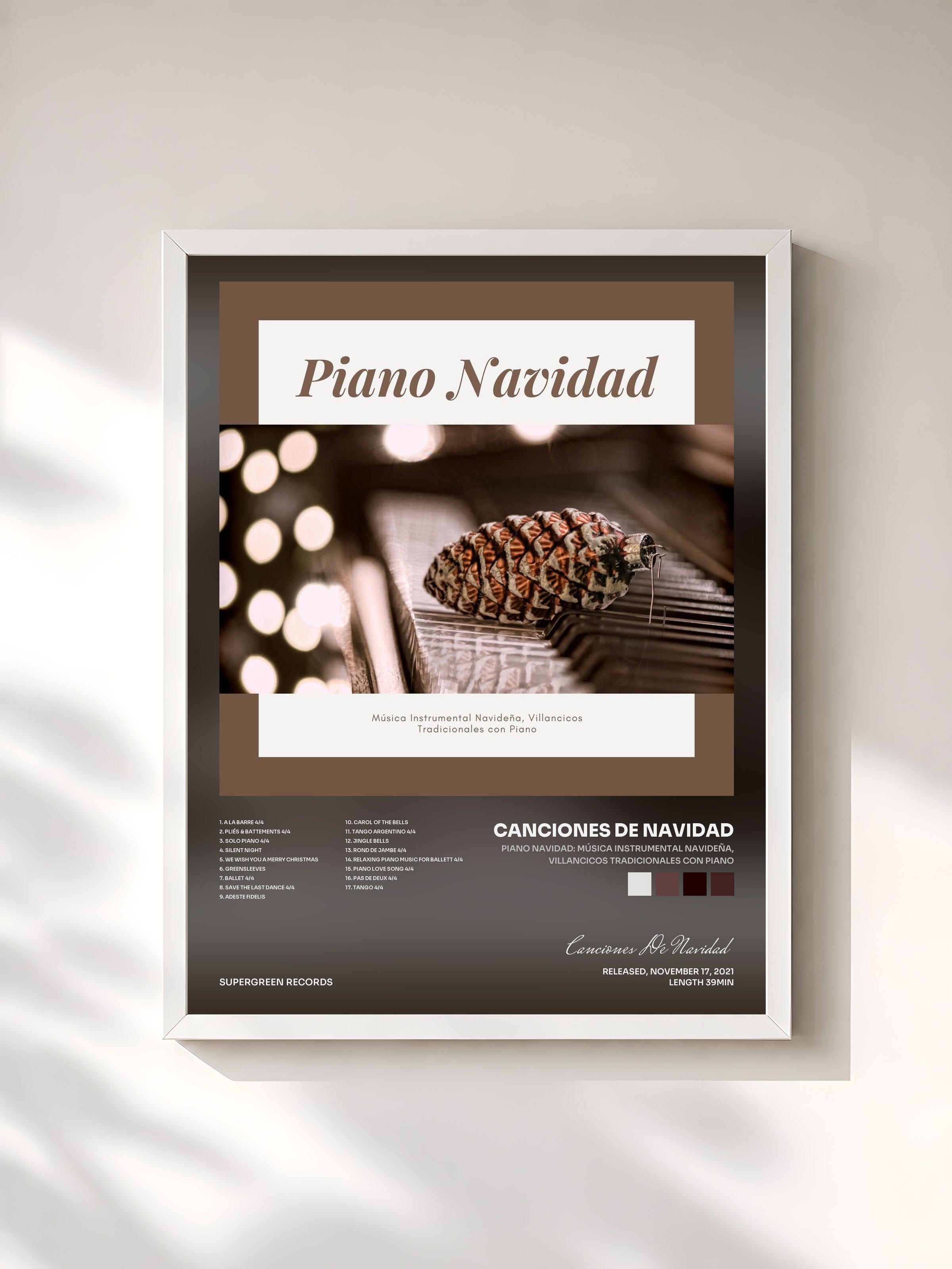 #blanc Tableau de l'album Piano Navidad: Música Instrumental Navideña, Villancicos Tradicionales con Piano de Canciones De Navidad, cadre blanc, imprimé et encadré en France