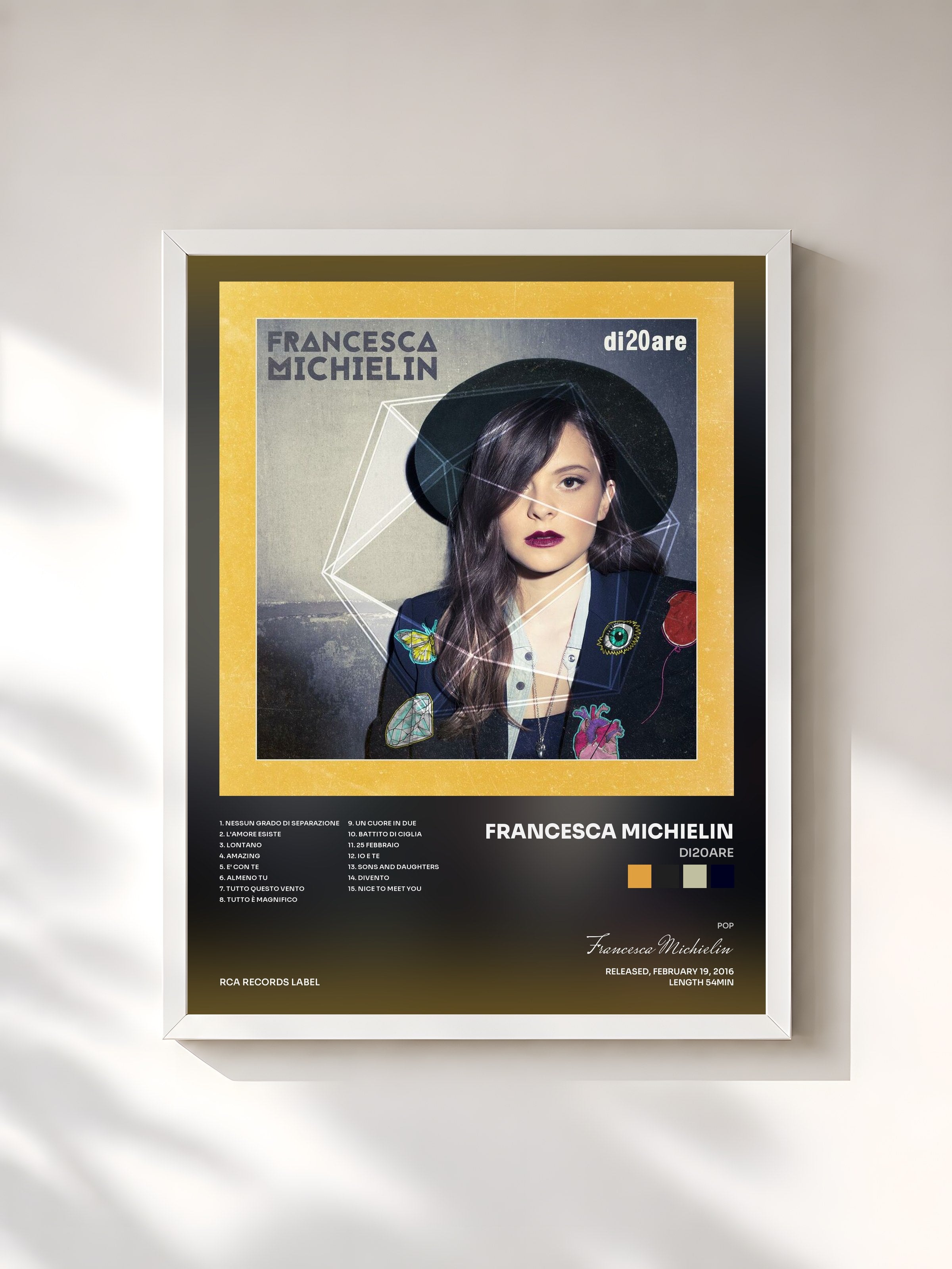 #blanc Tableau de l'album di20are de Francesca Michielin, cadre blanc, imprimé et encadré en France