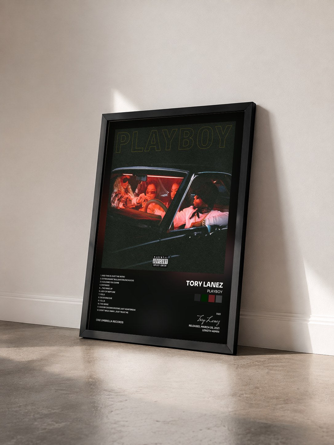 #noir PLAYBOY by Tory Lanez as a framed art print seen at an angle, black frame