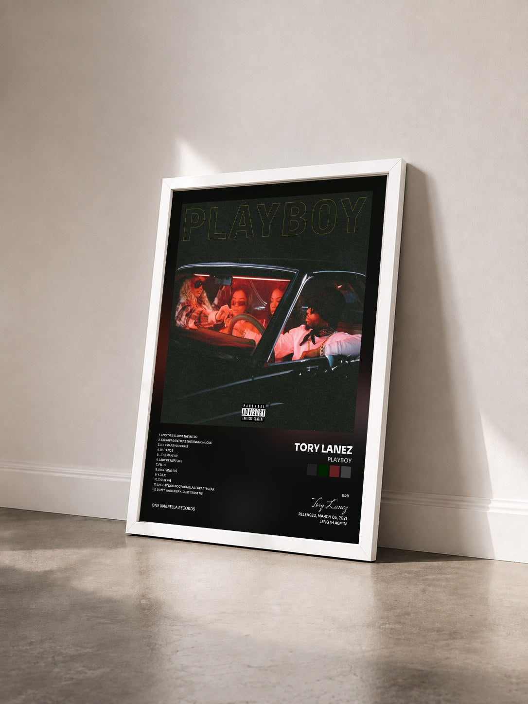 #blanc PLAYBOY by Tory Lanez as a framed art print seen at an angle, white frame