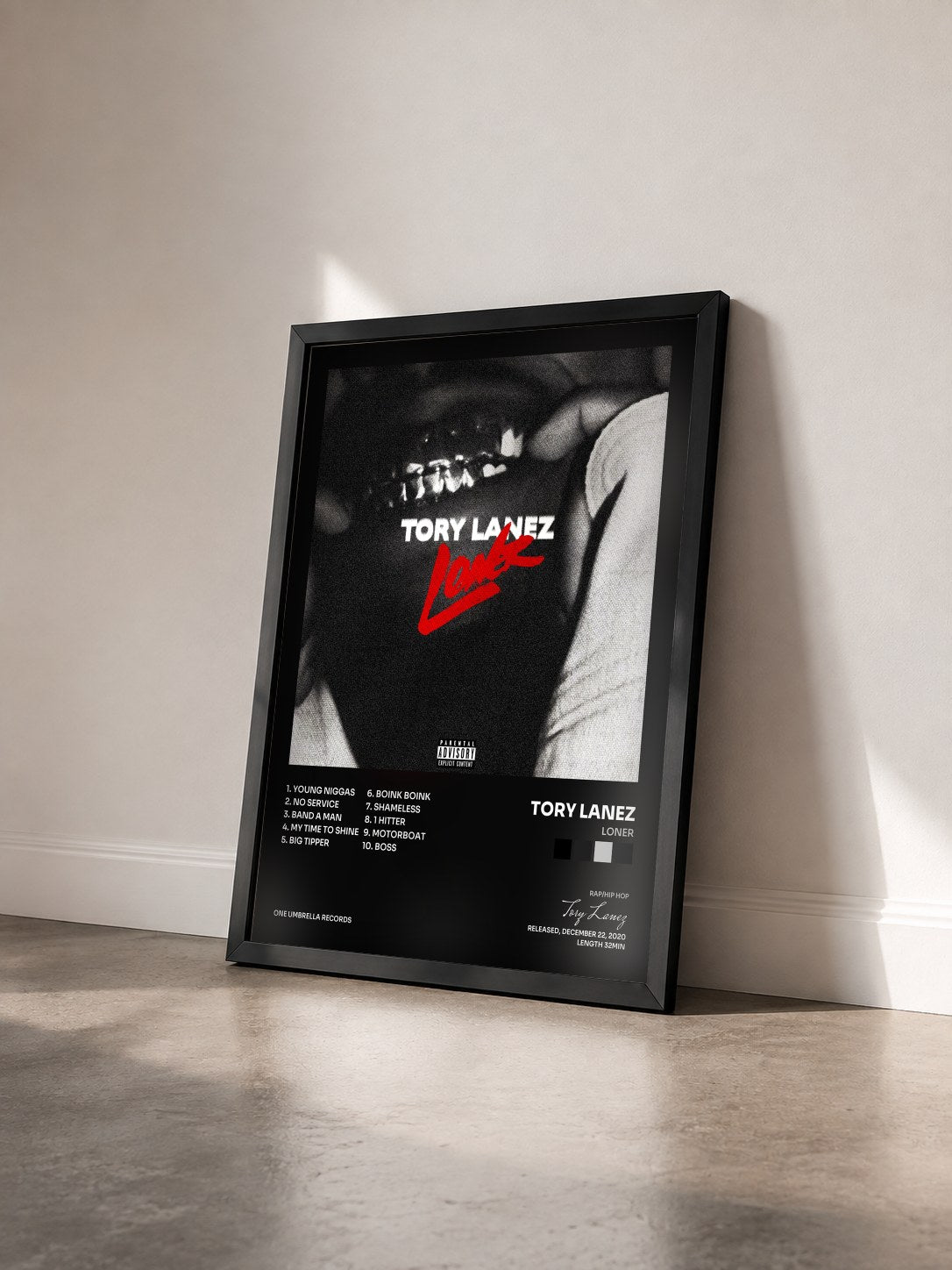 #noir Loner by Tory Lanez as a framed art print seen at an angle, black frame