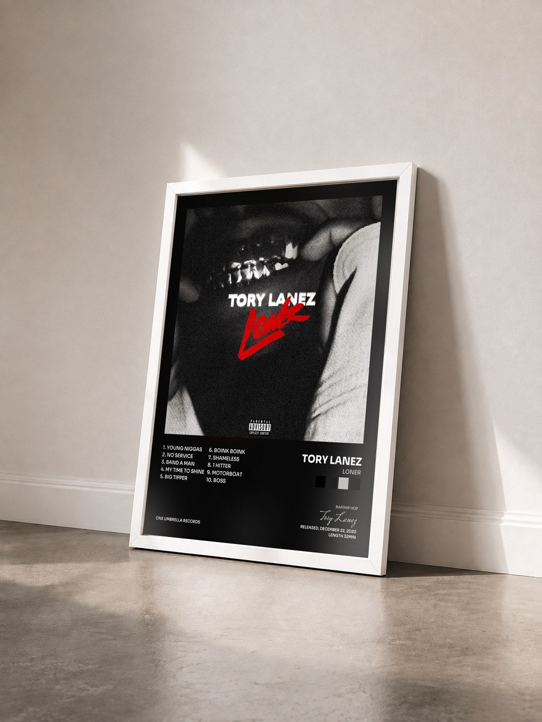 #blanc Loner by Tory Lanez as a framed art print seen at an angle, white frame