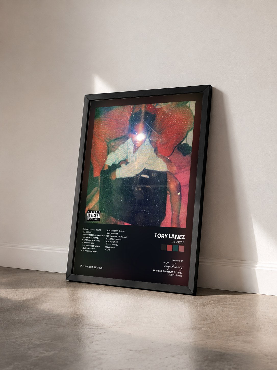 #noir DAYSTAR by Tory Lanez as a framed art print seen at an angle, black frame