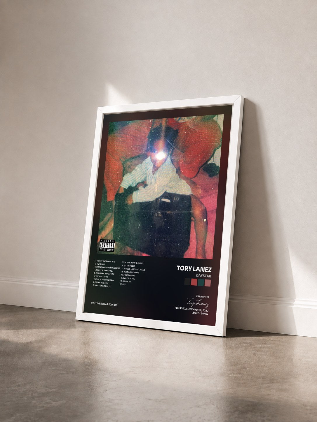 #blanc DAYSTAR by Tory Lanez as a framed art print seen at an angle, white frame