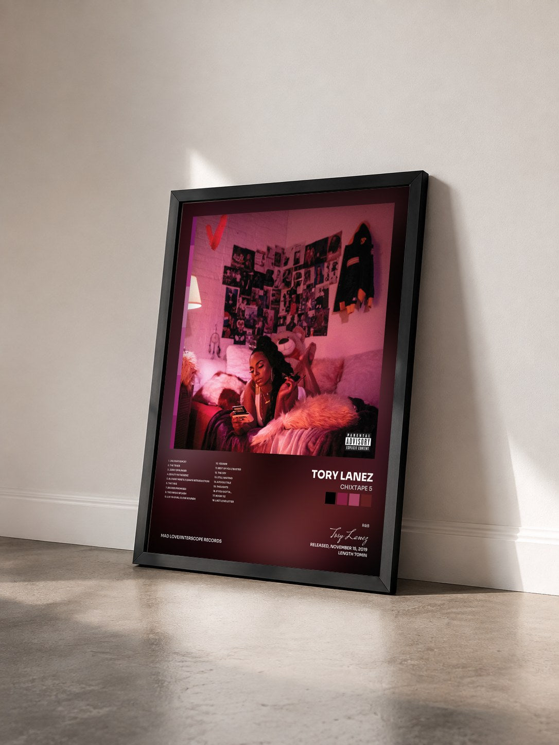 #noir Chixtape 5 by Tory Lanez as a framed art print seen at an angle, black frame