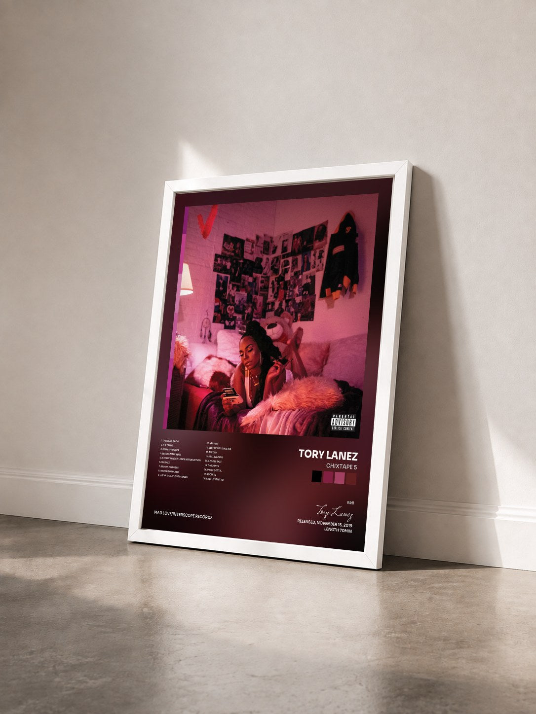 #blanc Chixtape 5 by Tory Lanez as a framed art print seen at an angle, white frame
