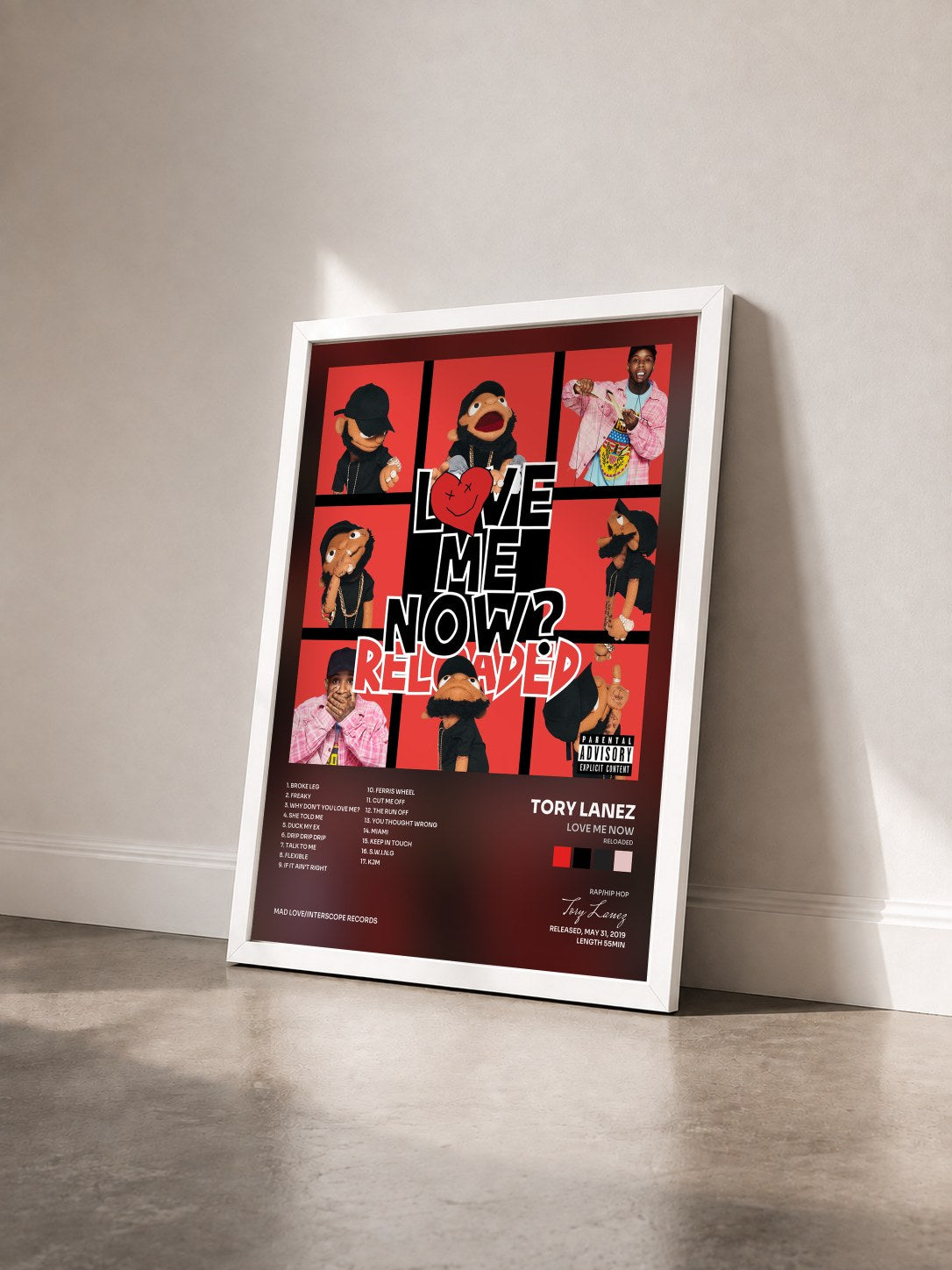 #blanc LoVE me NOw (ReLoAdeD) by Tory Lanez as a framed art print seen at an angle, white frame