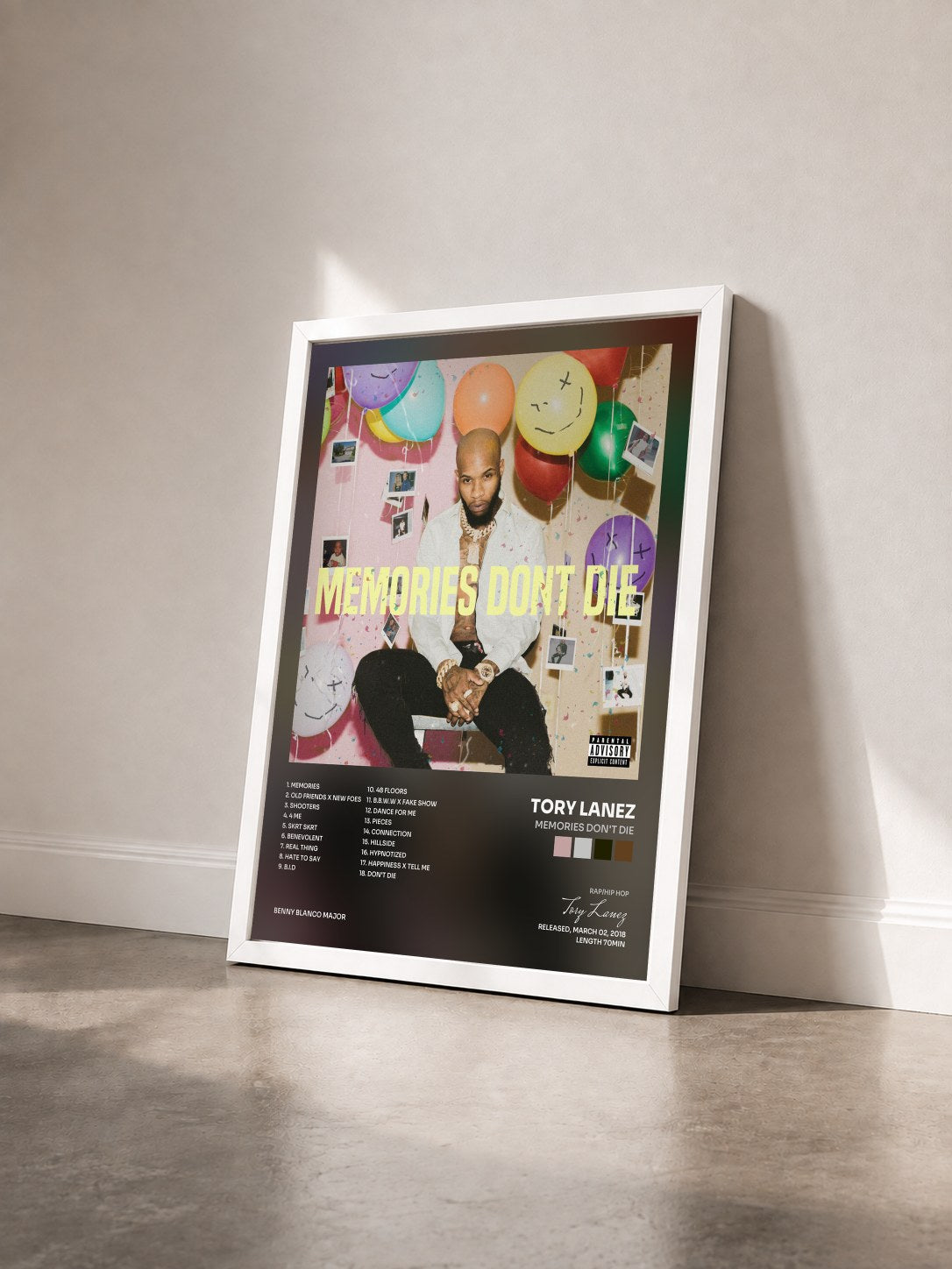 #blanc MEMORIES DON'T DIE by Tory Lanez as a framed art print seen at an angle, white frame