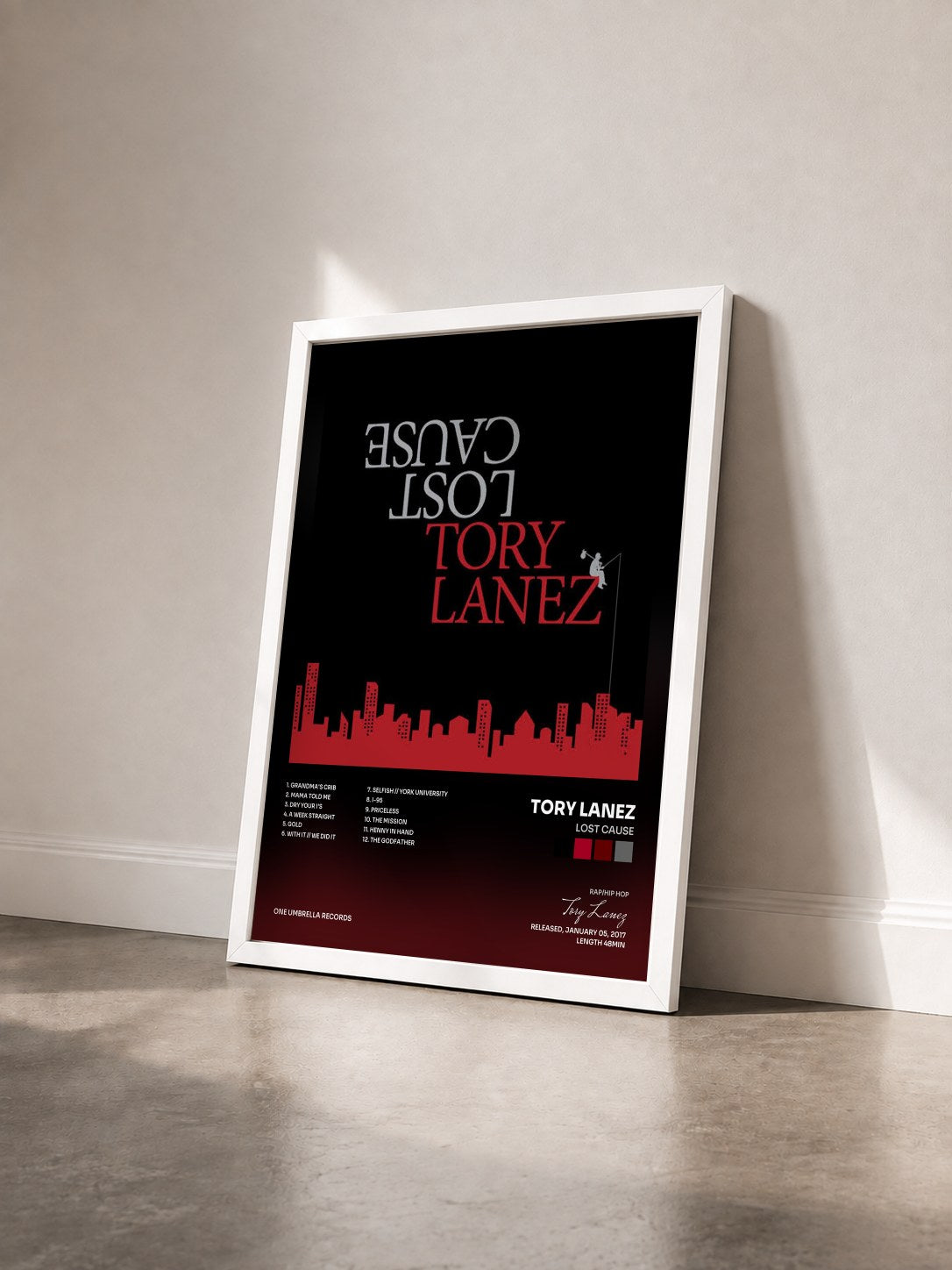 #blanc Lost Cause by Tory Lanez as a framed art print seen at an angle, white frame