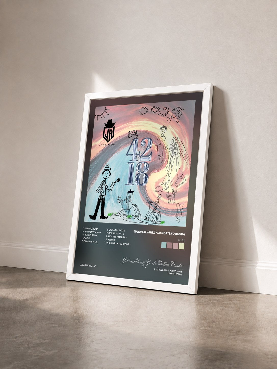 #blanc Tableau de l'album 42 18 de Julion Alvarez Y Su Norteño Banda vu de trois quarts, cadre blanc
