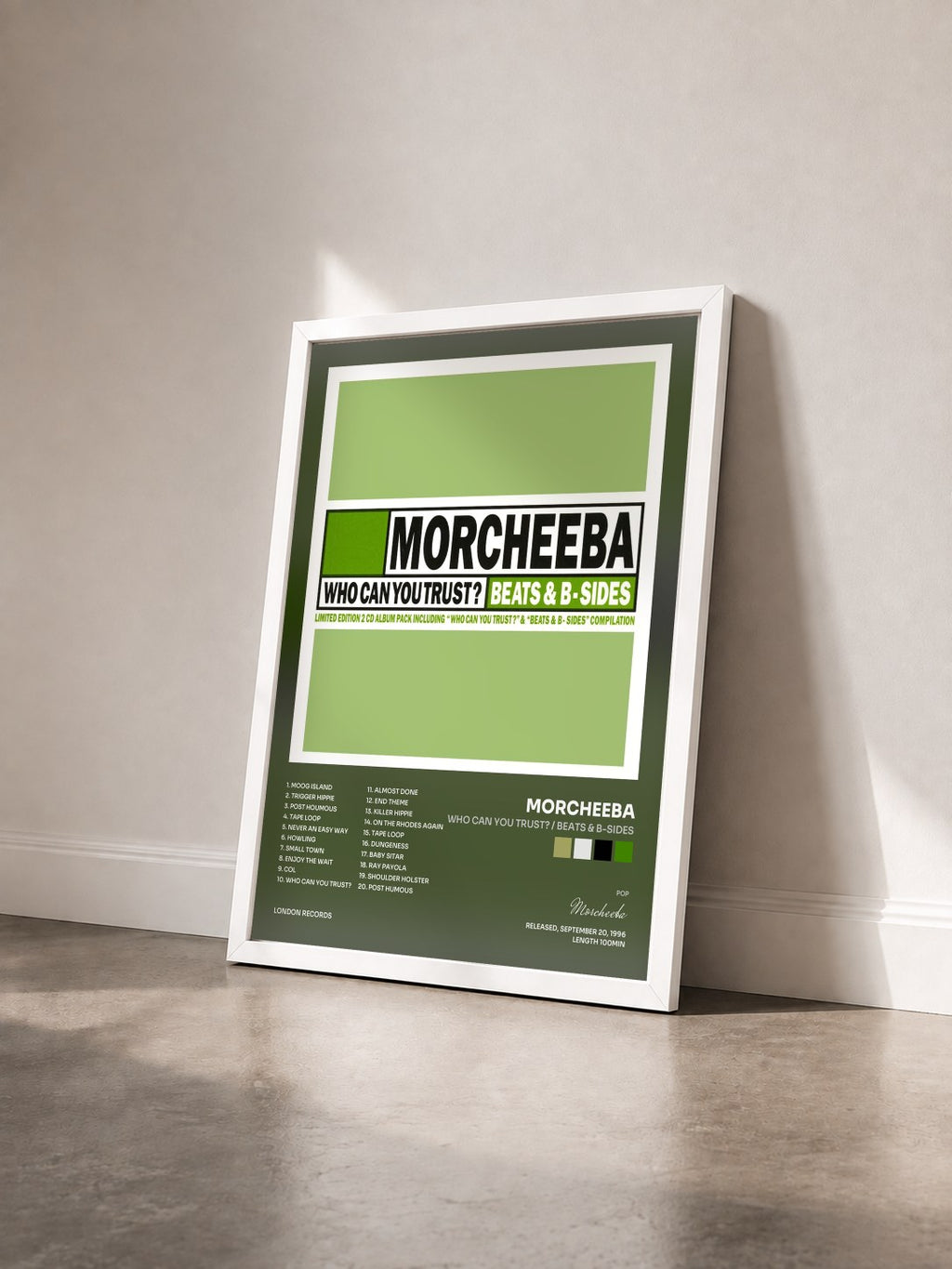 #blanc Who Can You Trust? / Beats & B-Sides von Morcheeba als gerahmter Kunstdruck von schräg gesehen, weißer Rahmen