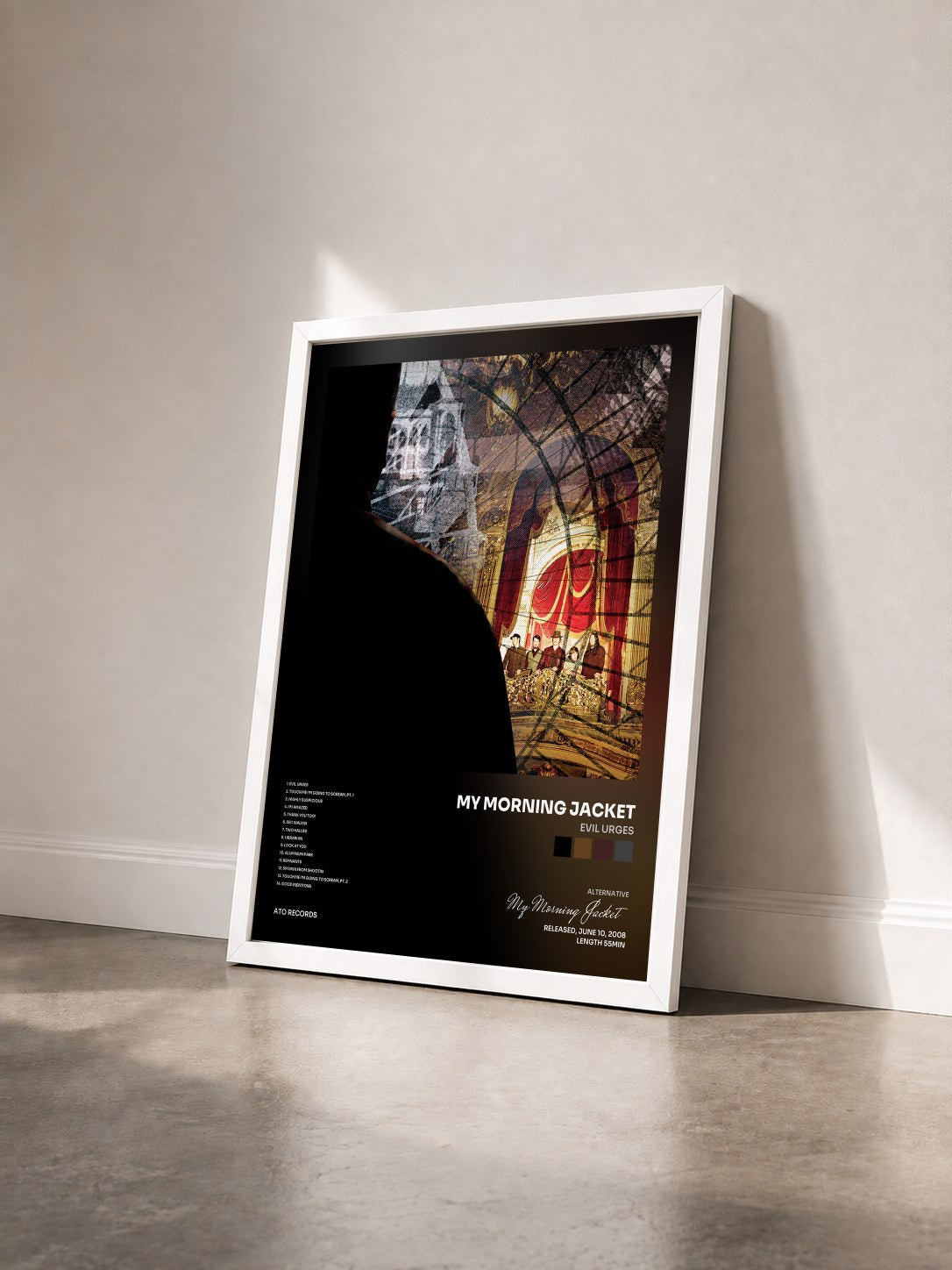 #blanc Tableau de l'album Evil Urges de My Morning Jacket vu de trois quarts, cadre blanc