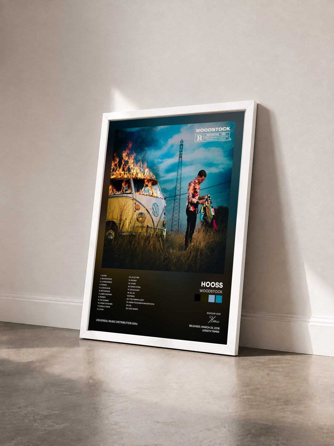 #blanc Woodstock by Hooss as a framed art print seen at an angle, white frame