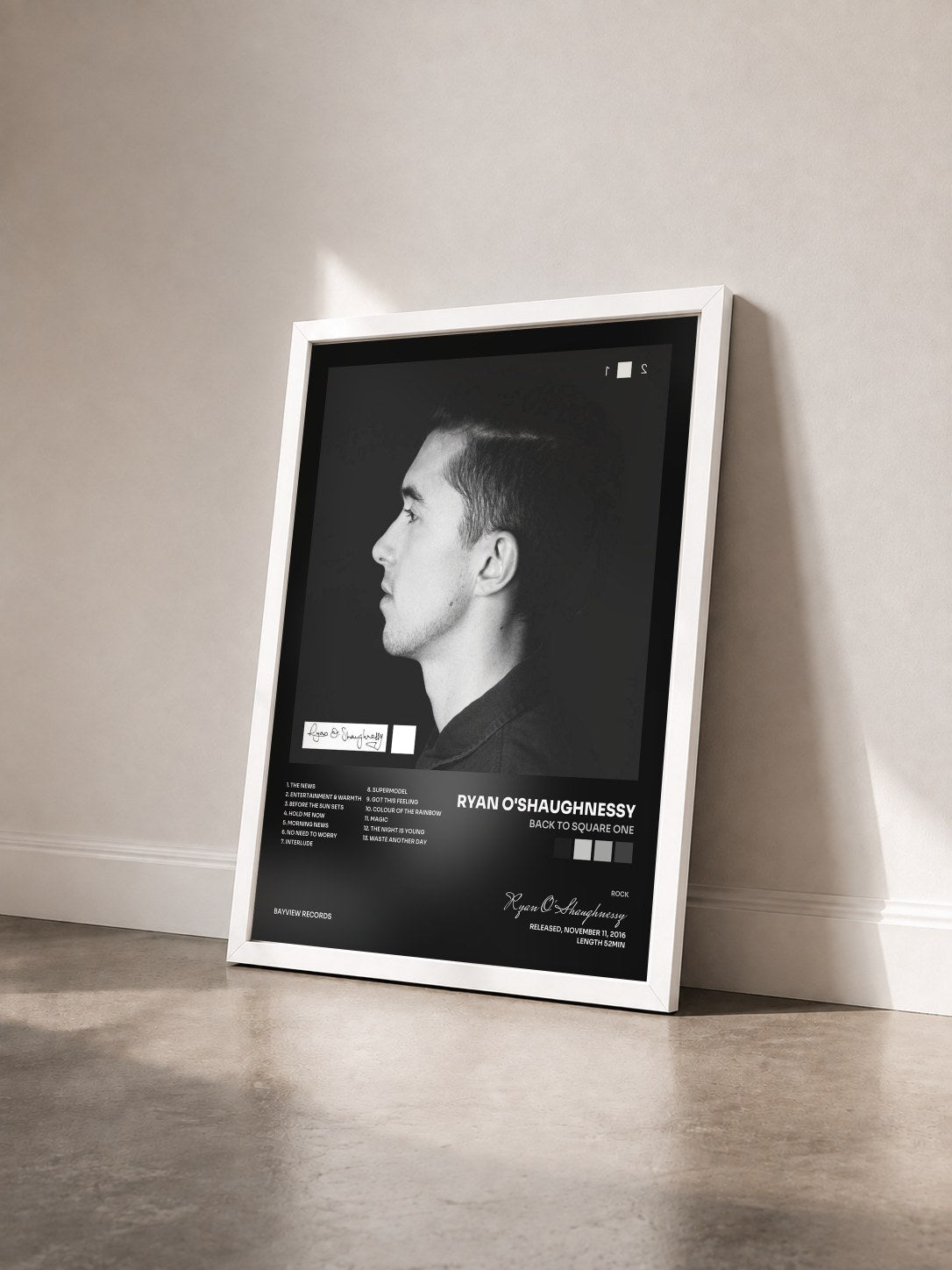 #blanc Tableau de l'album Back to Square One de Ryan O'Shaughnessy vu de trois quarts, cadre blanc