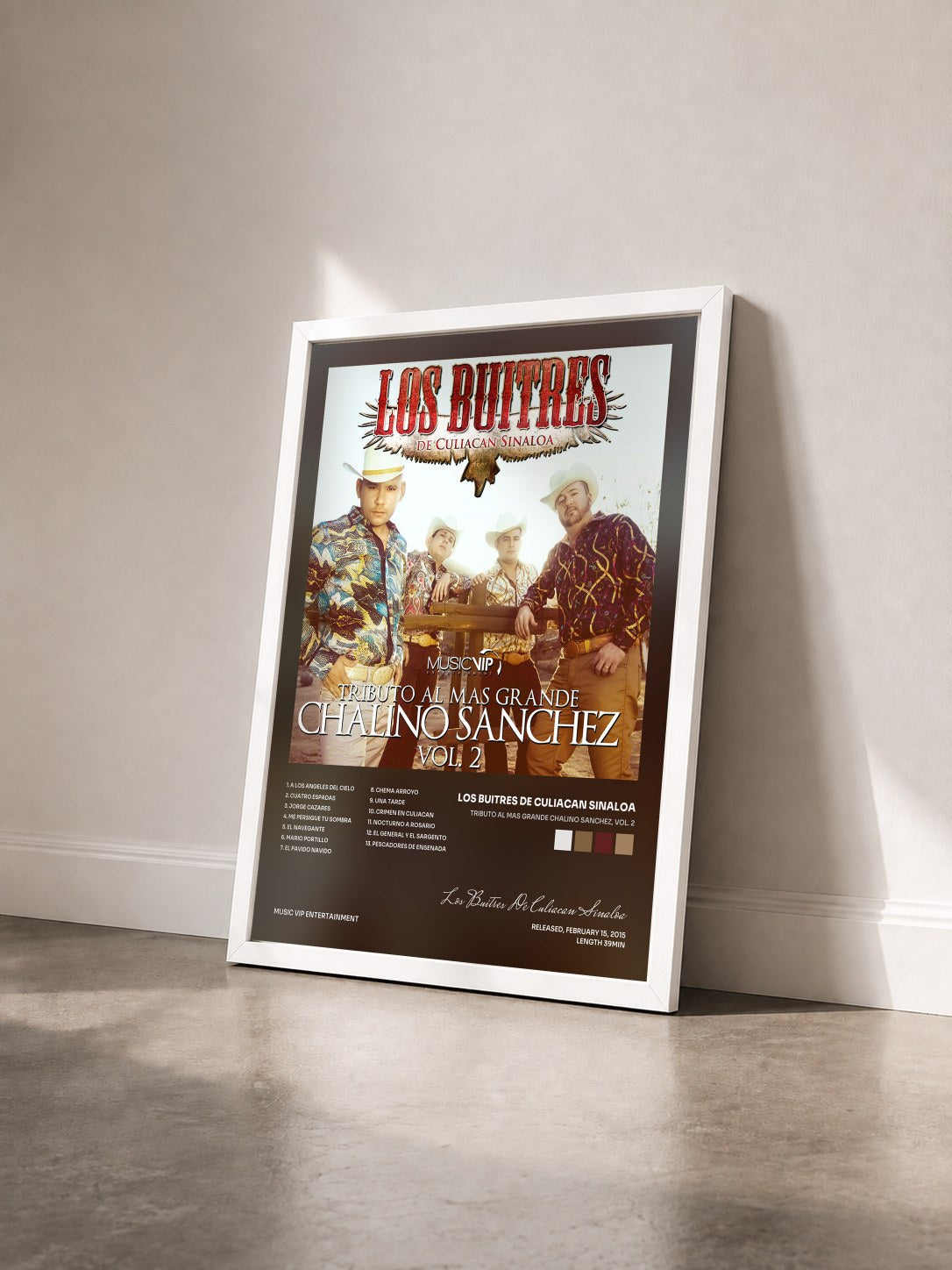 #blanc Tableau de l'album Tributo al Mas Grande Chalino Sanchez, Vol. 2 de Los Buitres De Culiacan Sinaloa vu de trois quarts, cadre blanc