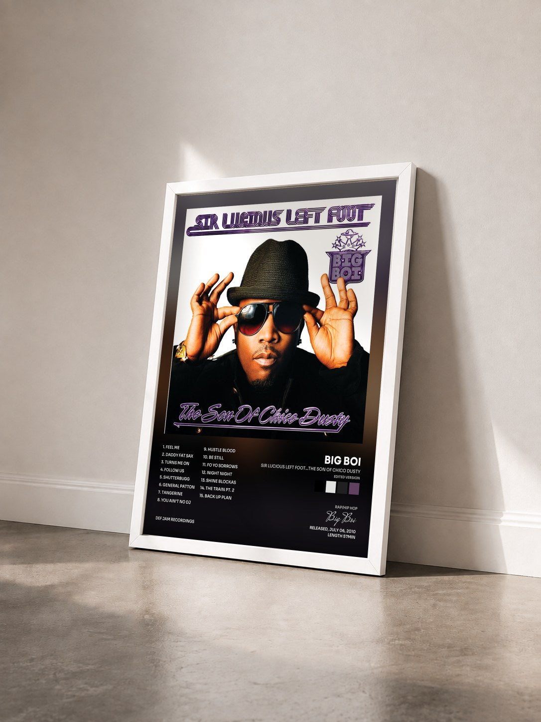 #blanc Tableau de l'album Sir Lucious Left Foot...The Son Of Chico Dusty (Edited Version) de Big Boi vu de trois quarts, cadre blanc